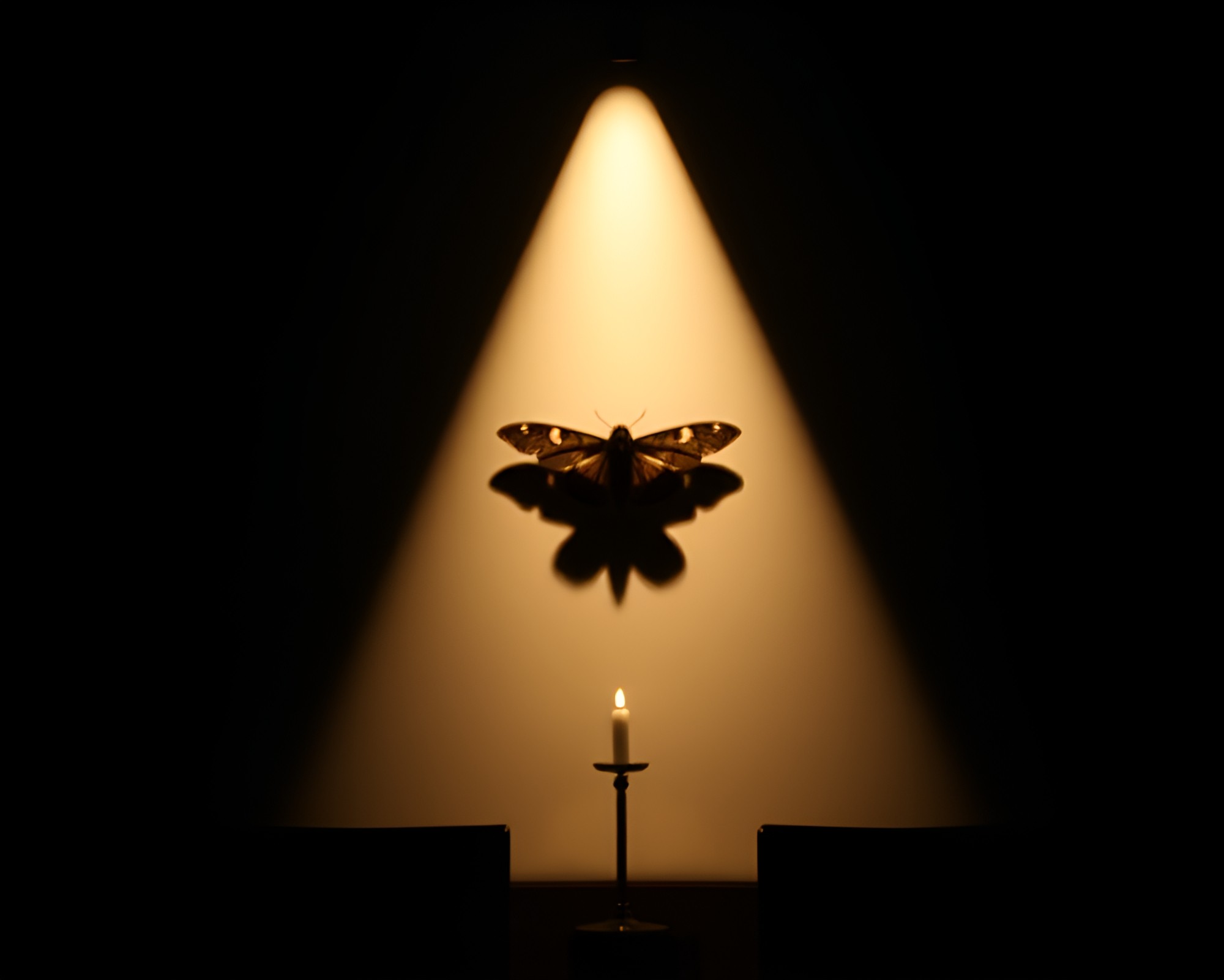 Moth casting eerie shadow in fluorescent candlelight church – free AI stock image