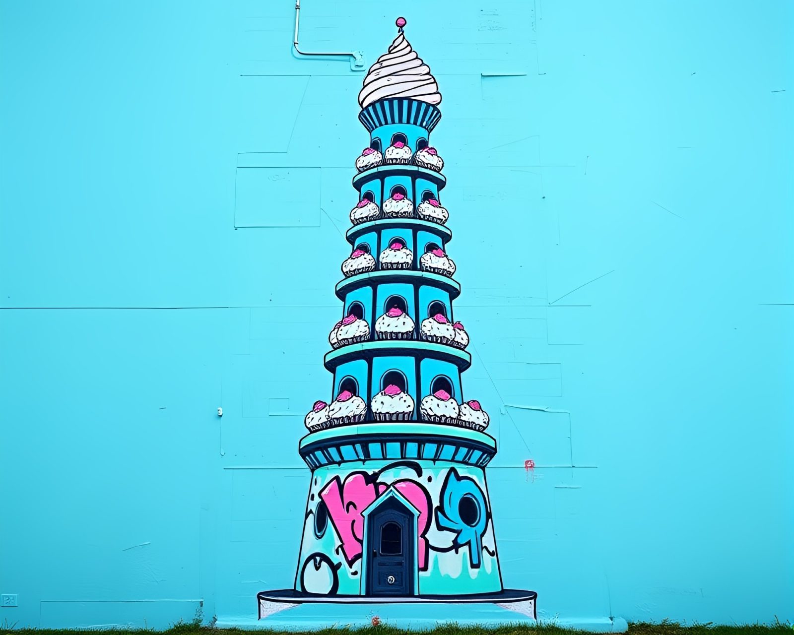 Mural graffiti of cupcake tower in ice-blue digital glitch
