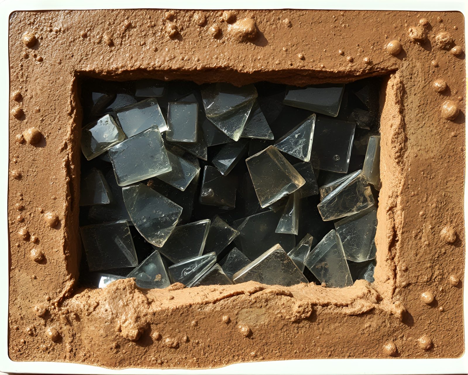 Abstract Polaroid-style art of mud hut and glass pieces