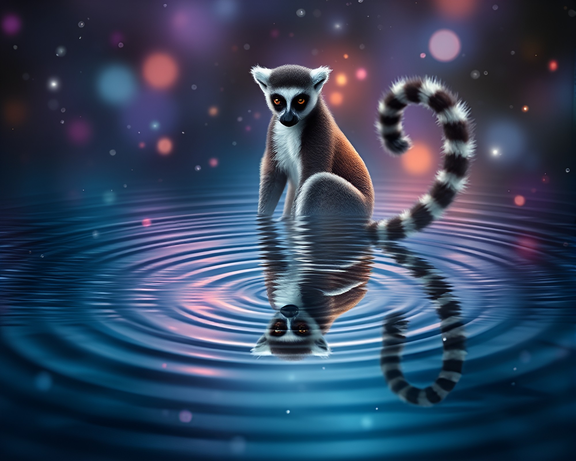 Lemur sorcery reflected in water ripple spellbinding scene – free AI stock image