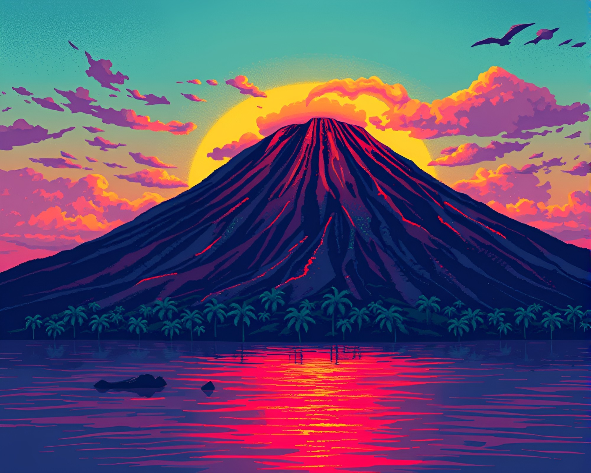 Volcanic Pixelated Paradise with Retro Pointillism – free AI stock image