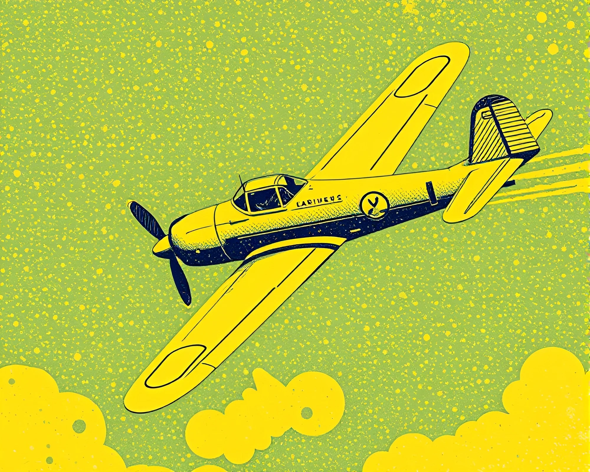 Linocut Textured Airplane in Mustard Yellow Hatching Style