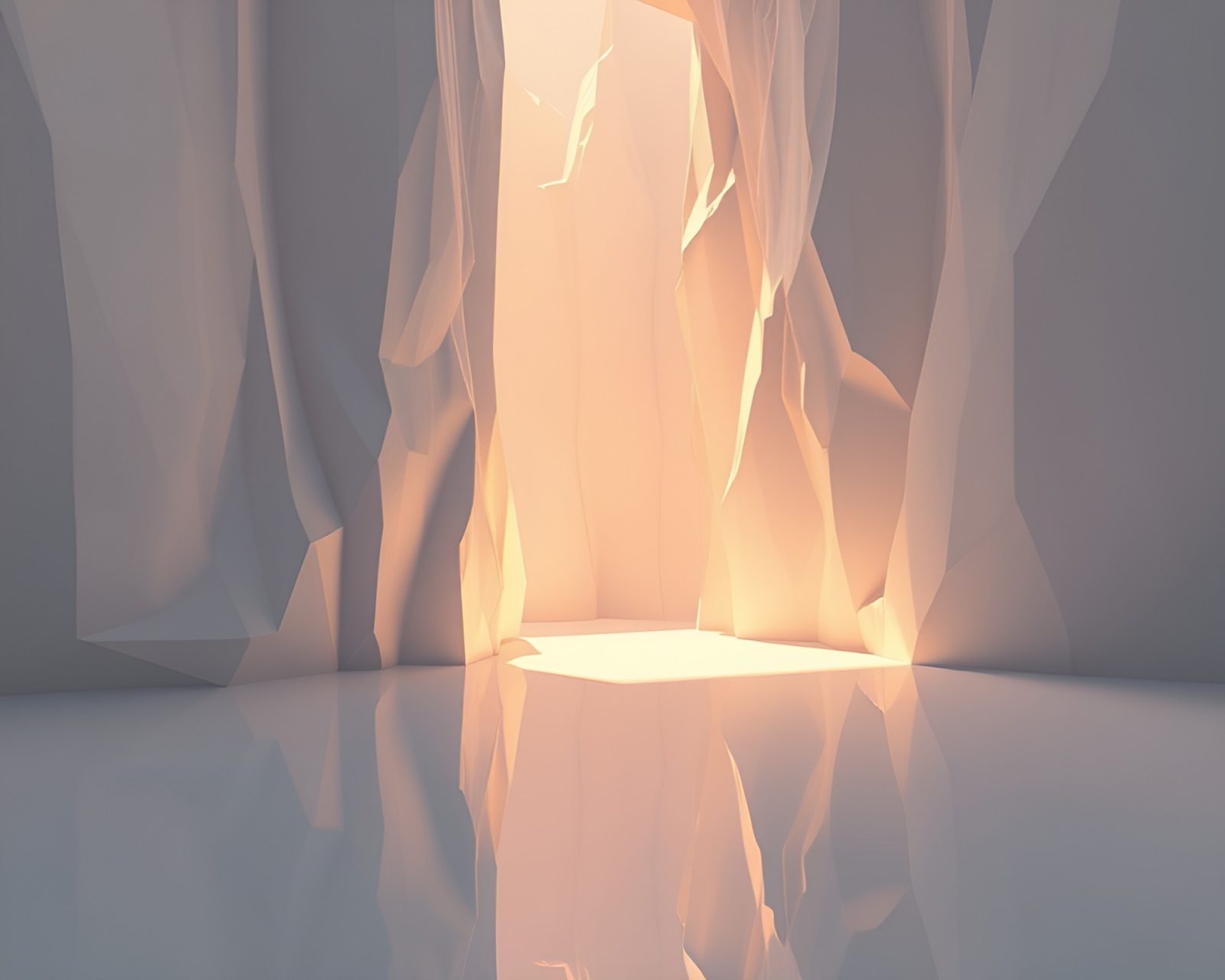 Double reflection scene with low-poly cliff and porchlight glow