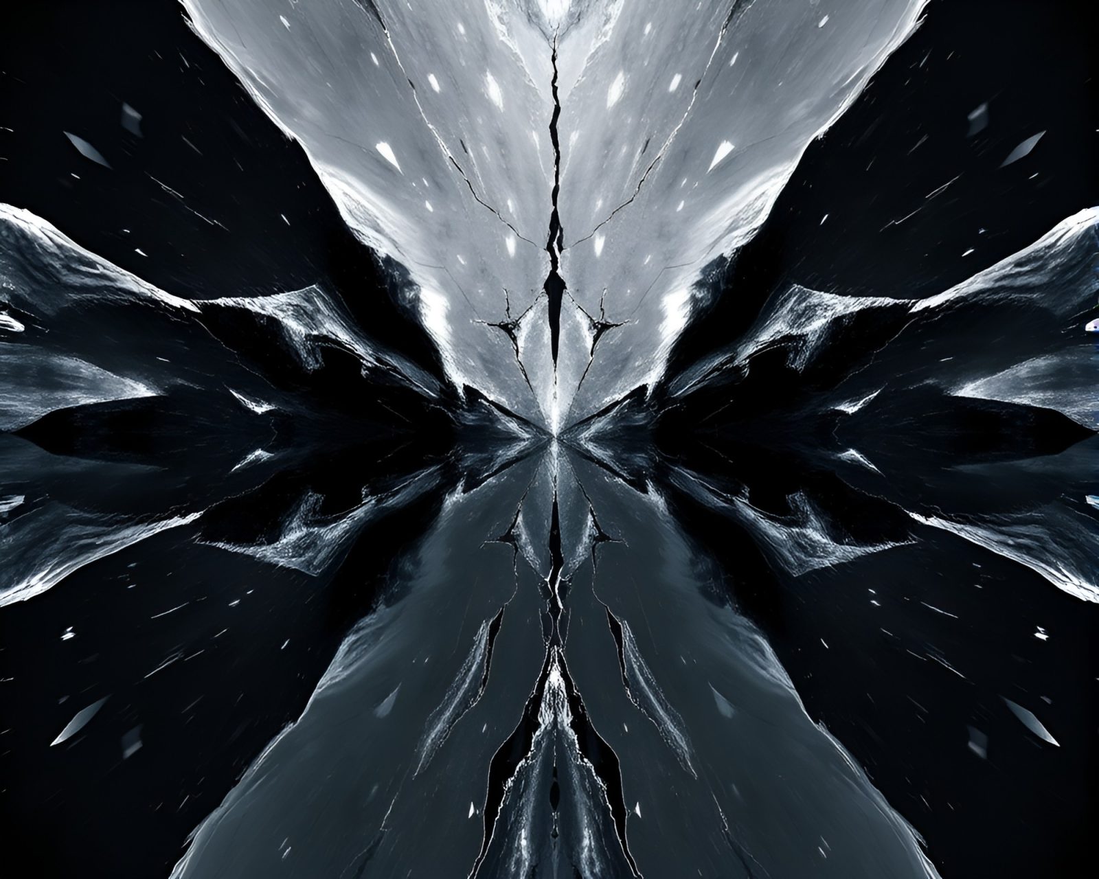 Abstract editorial illustration of ice cracks reflecting kaleidoscope pattern in gray tones