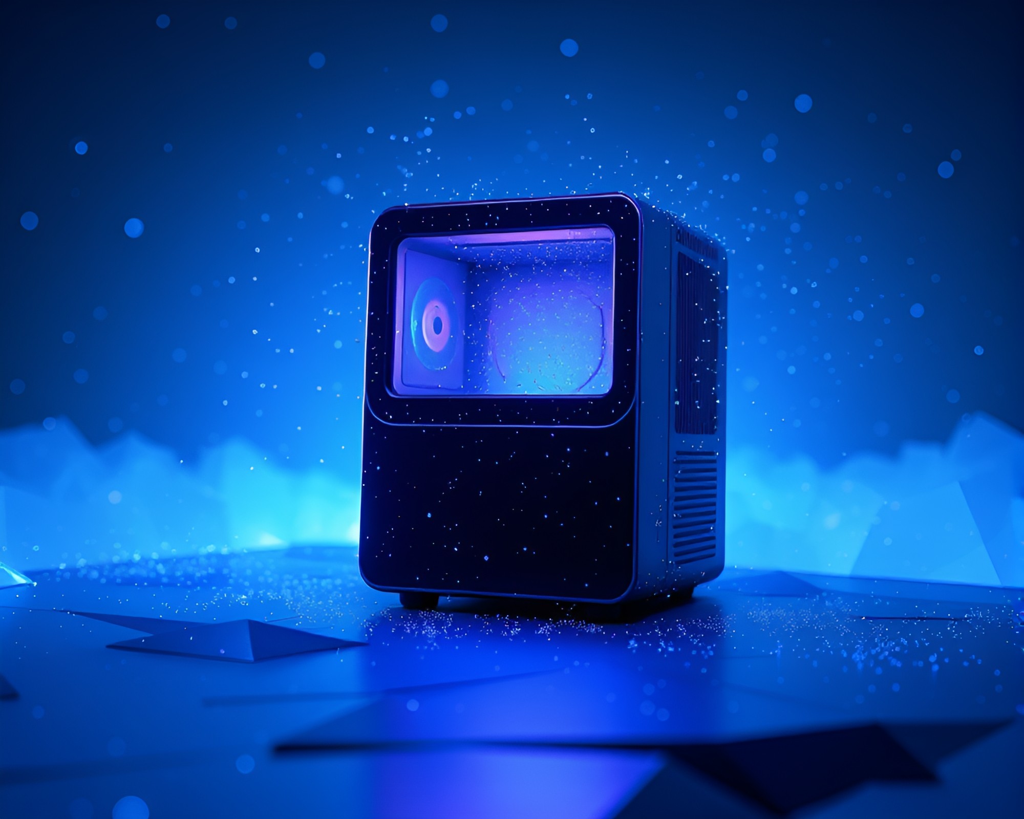 Mesmerizing Quantum Computer in Twilight Blue Hour Acrylic Spatters – free AI stock image