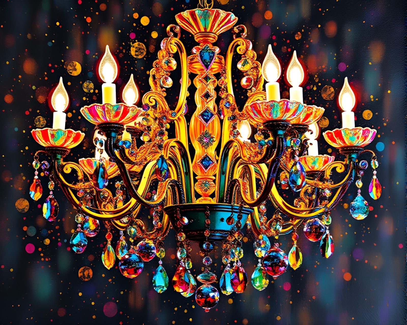 Acrylic spatters frame a stunning Victorian chandelier, glowing with jewel tones.