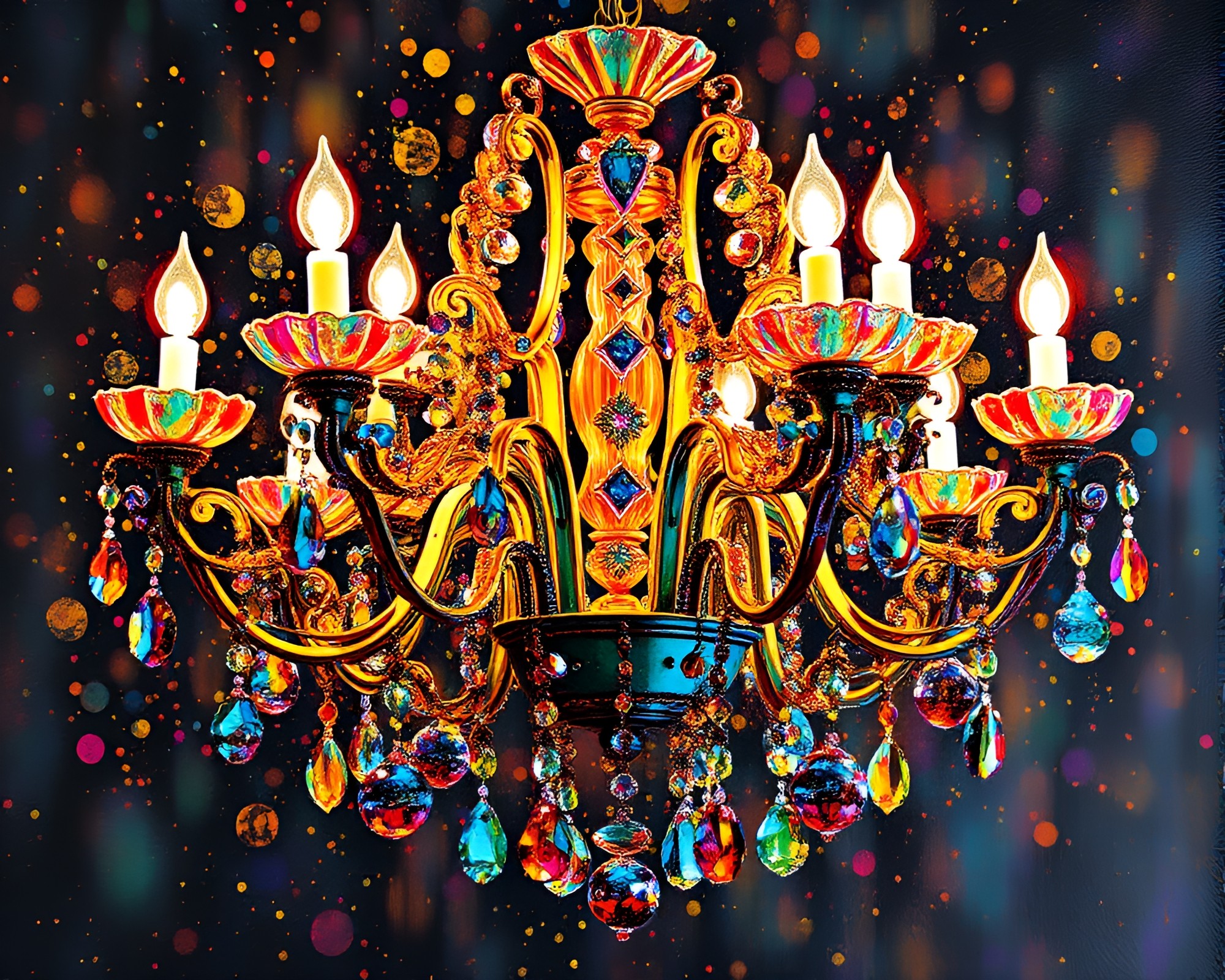 Victorian Chandelier Illuminated in Jewel Tone Light – free AI stock image