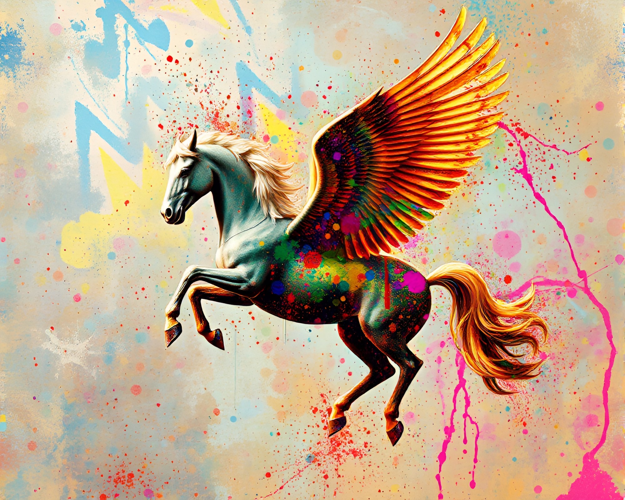 Glitch Artifacts Transform Pegasus in HDR Splatter Painting – free AI stock image