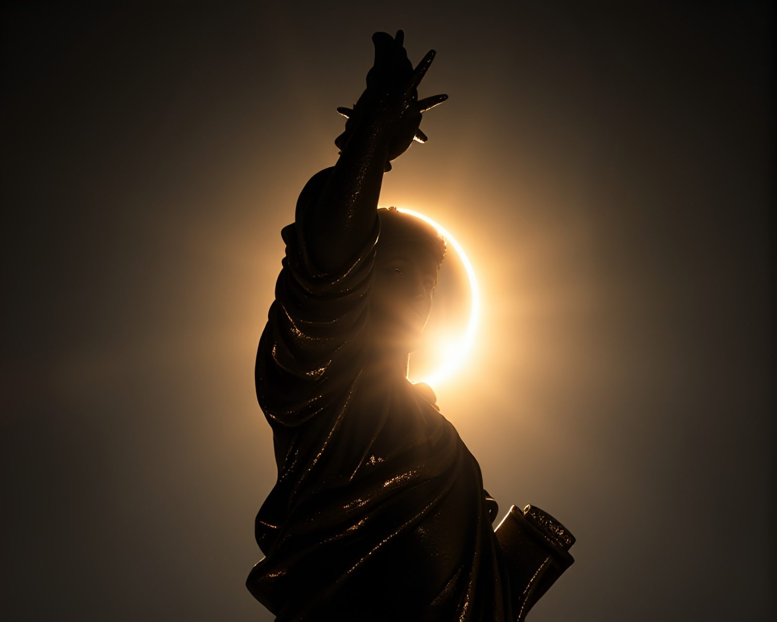 Hyper-realistic statue in eclipse shadow with golden accents