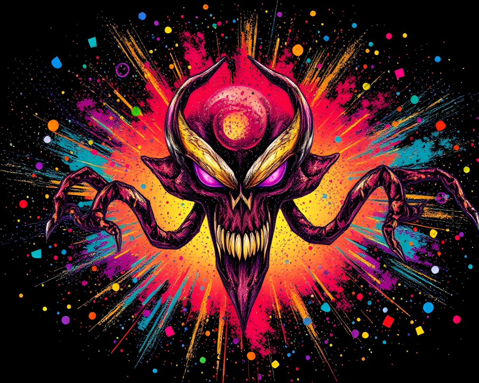 Colorful street art with exploding confetti and kraken motif