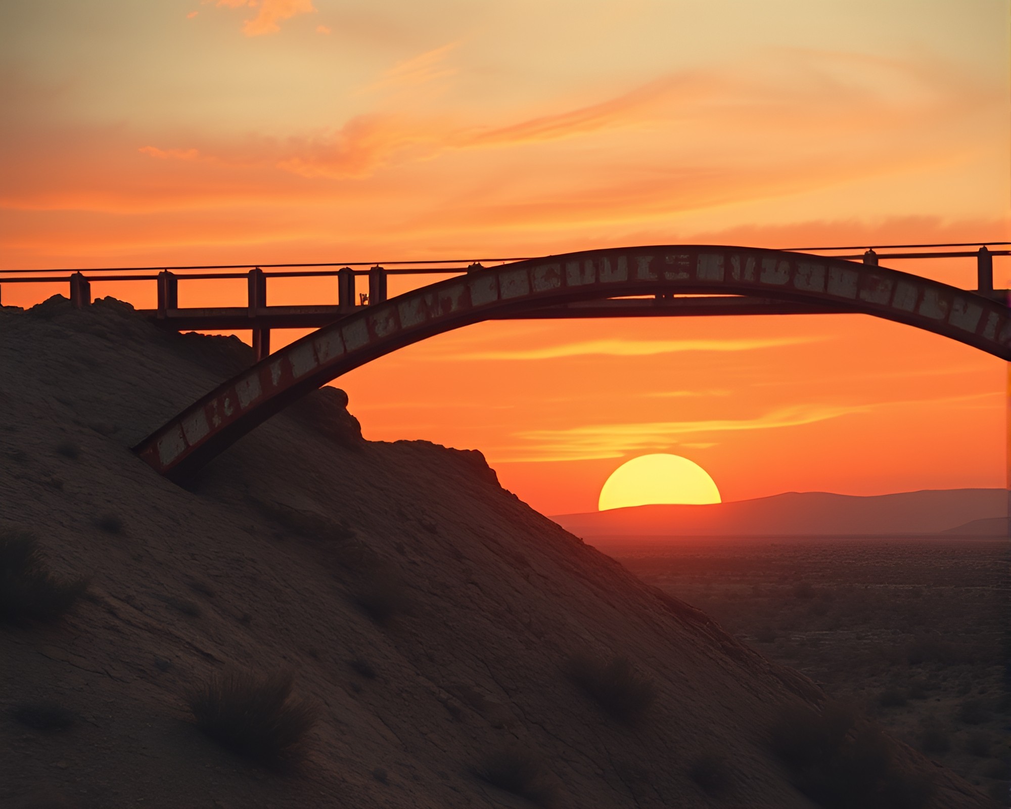 Retrowave Arch Bridge at Desert Sunset – free AI stock image