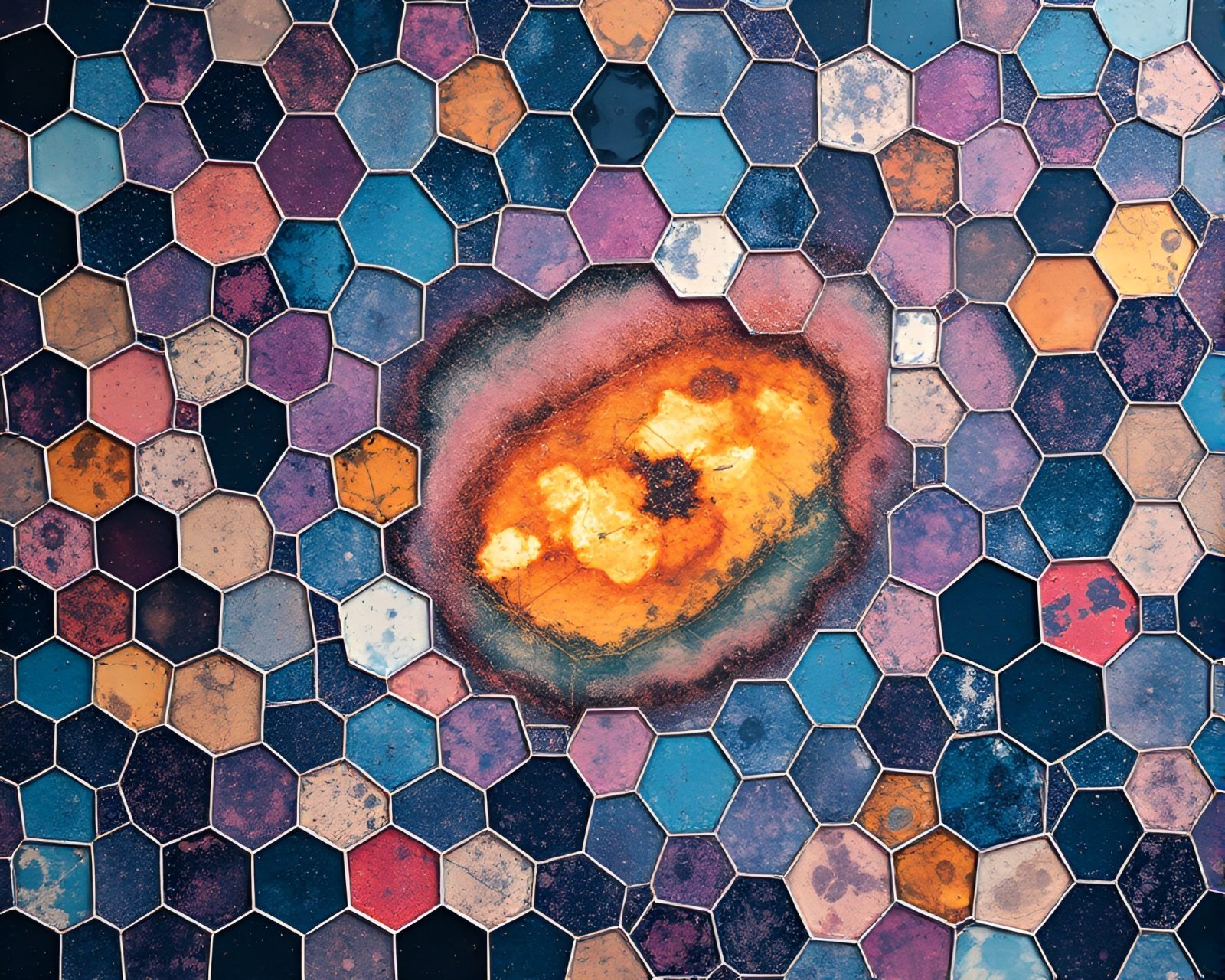 A mesmerizing hexagonal portal emitting multiverse energy in encaustic painting