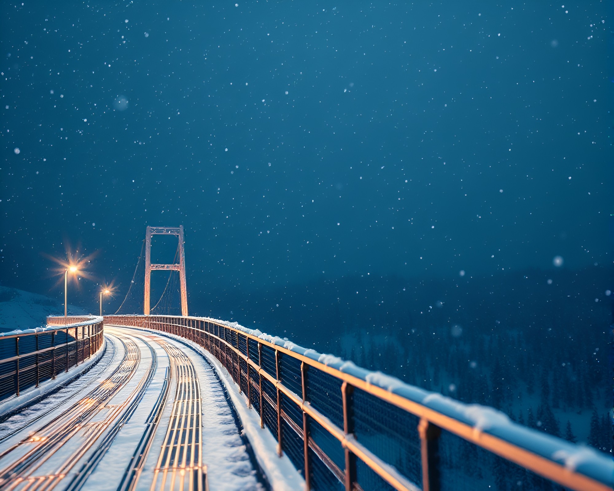 Snowy Suspension Bridge with Circuit Board Traces – free AI stock image
