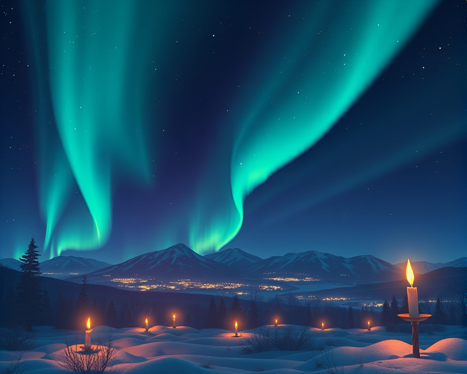 Enchanting scene of Northern lights in isometric style