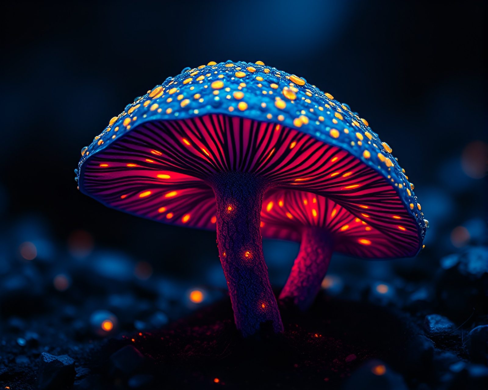 Elegant foil-stamped mushrooms glowing in deep sapphire light