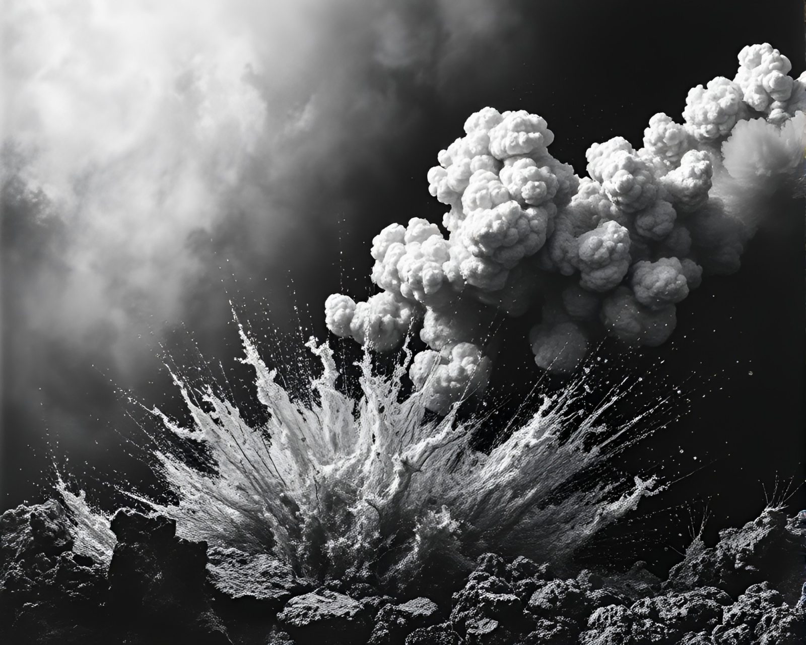 Black lithograph illustration of exploding volcano undersea with coral