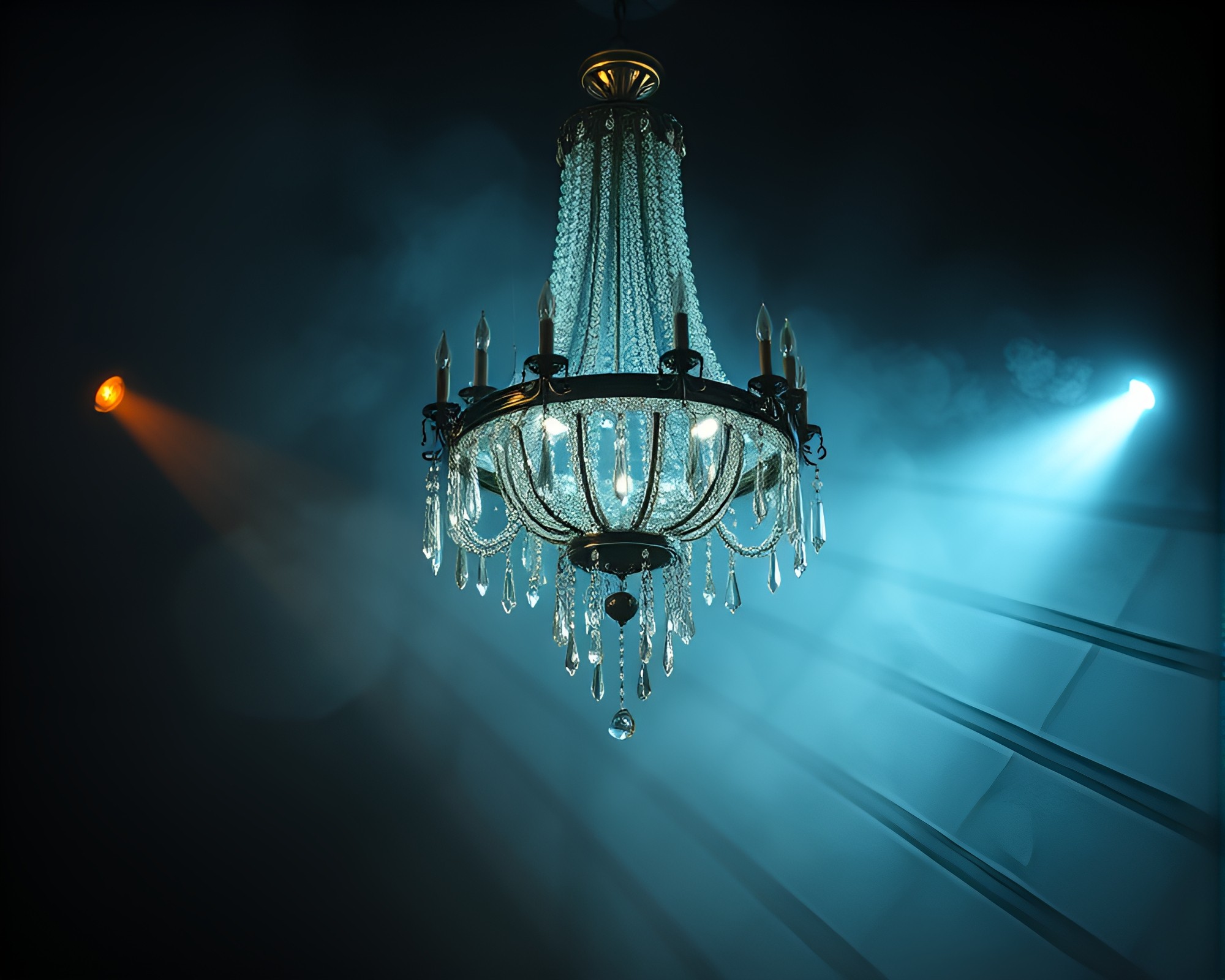 Glimmering Shadows: Neon Chandelier in Foggy Atmosphere – free AI stock image