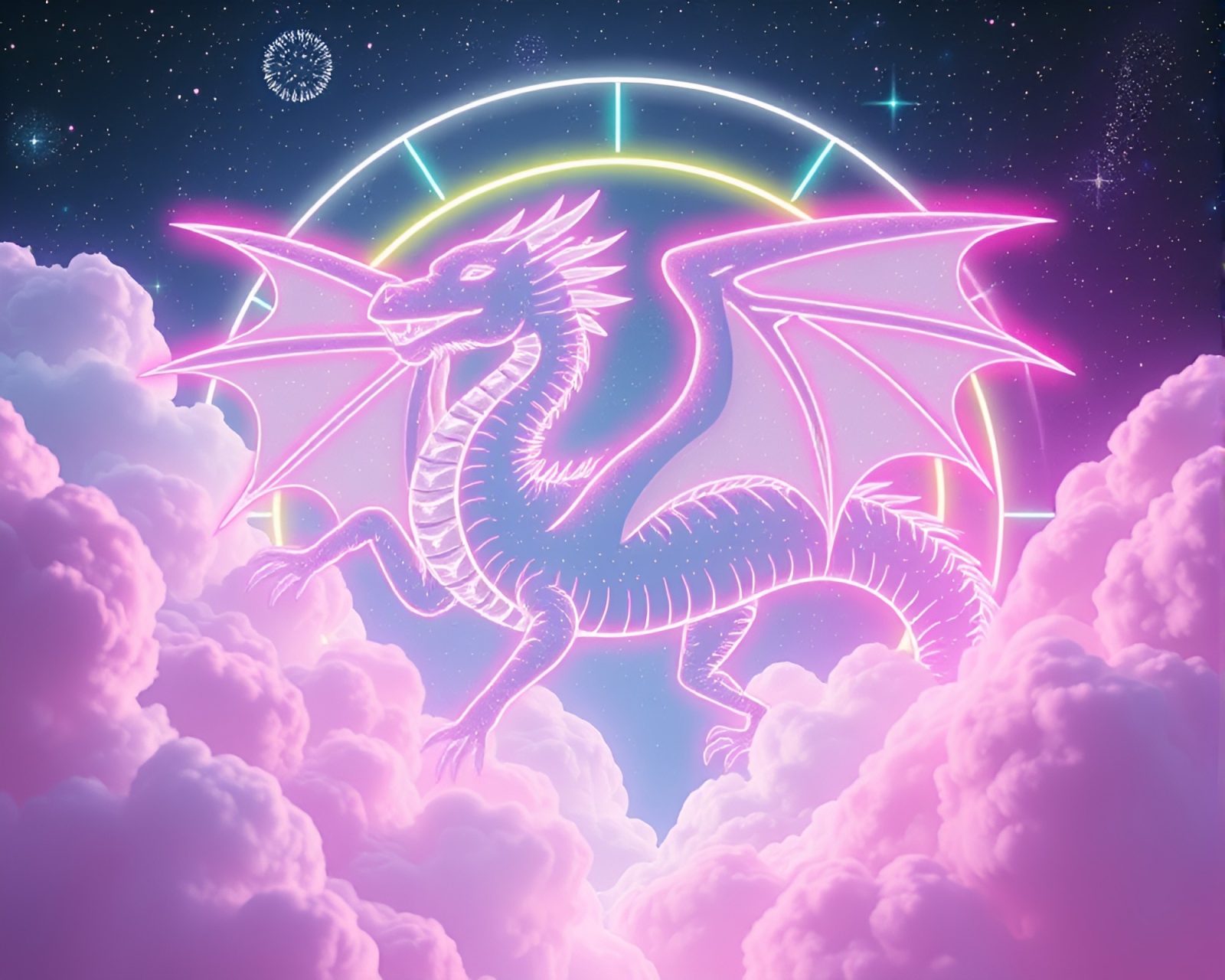 Majestic dragon with neon pastel glow under dystopian sky