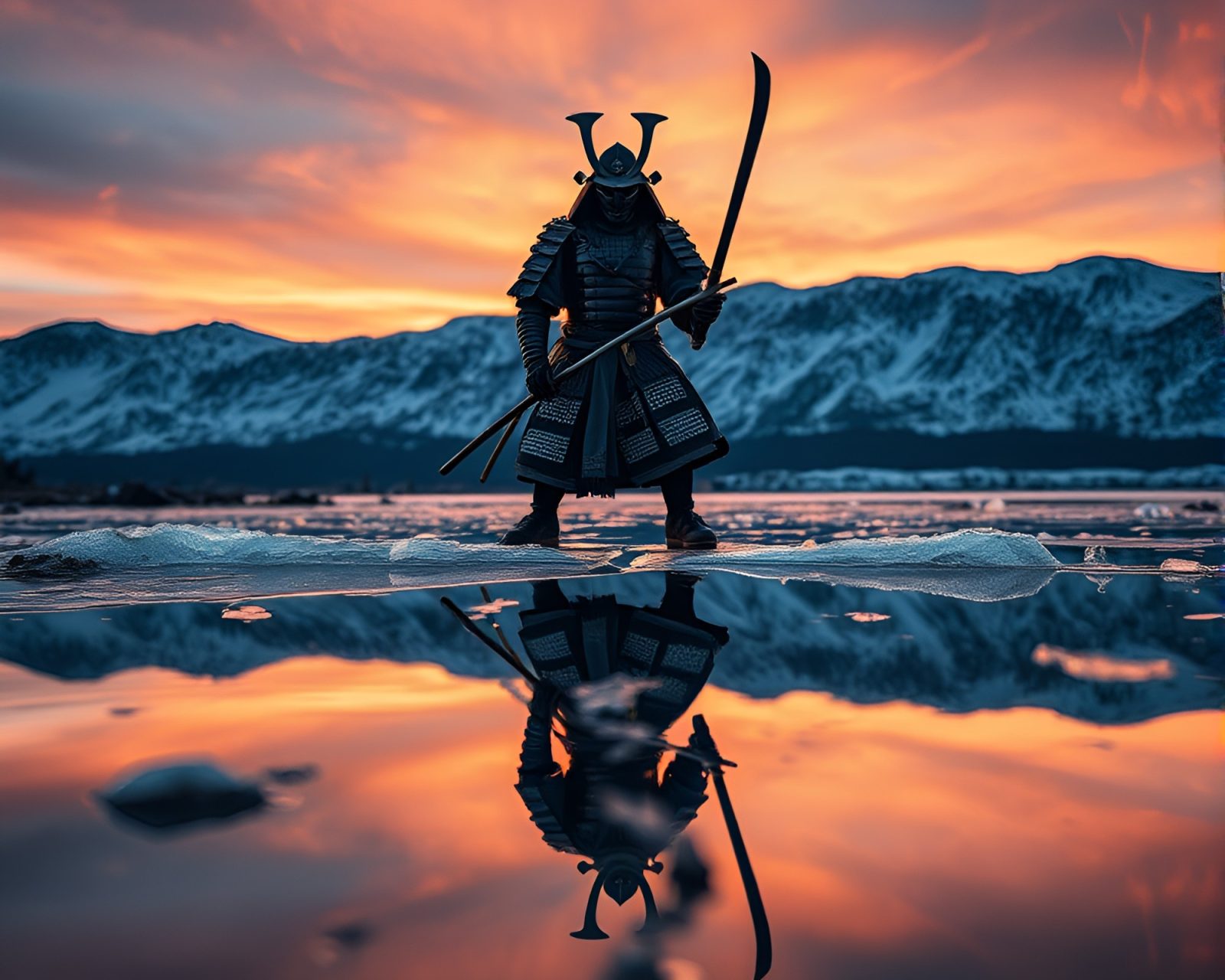 HDR photography of a golden hour samurai warrior reflection