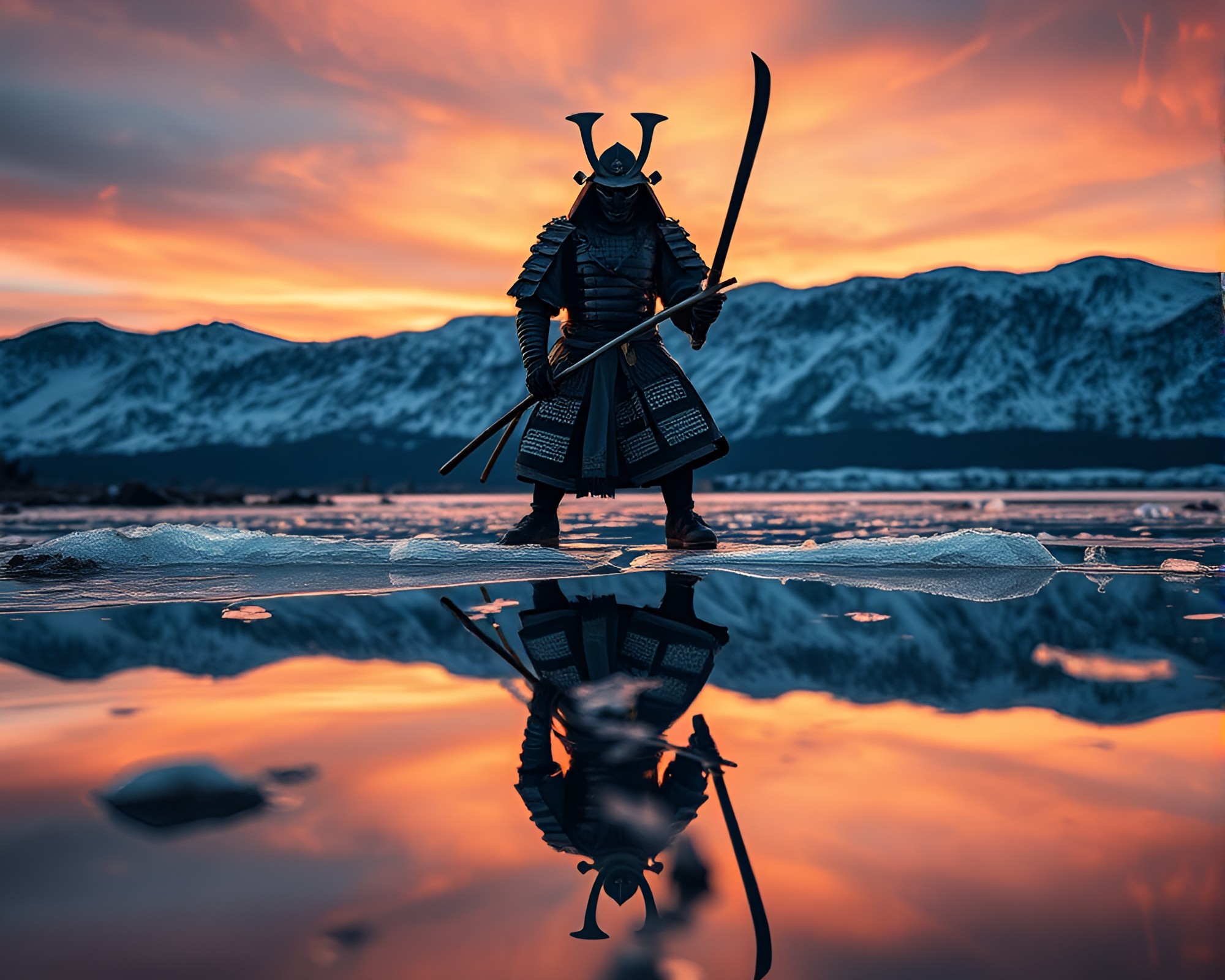 Samurai Warrior Reflection in Ice Crack at Dusk – free AI stock image