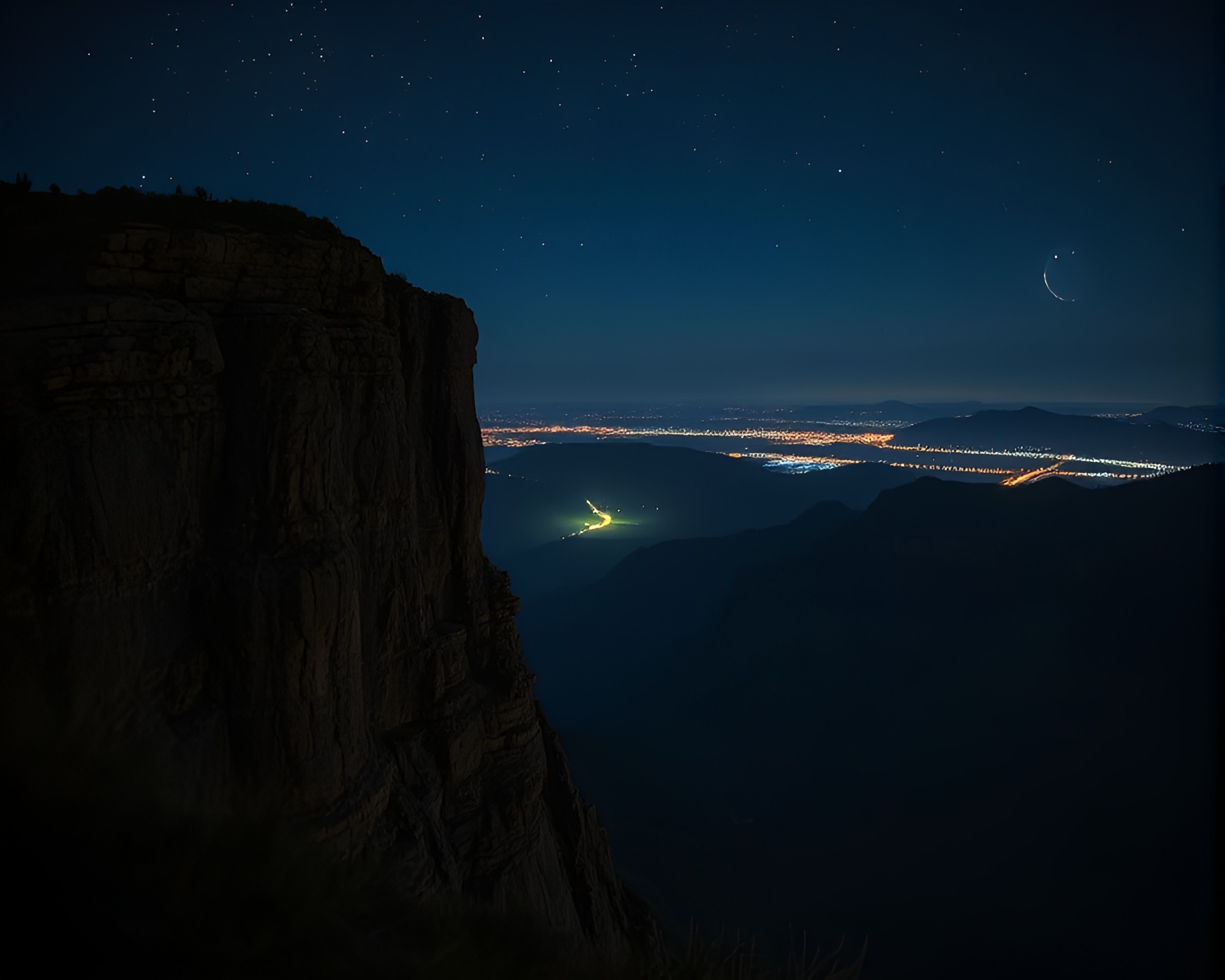 Cliffside Firefly Glow Etching Composition – free AI stock image