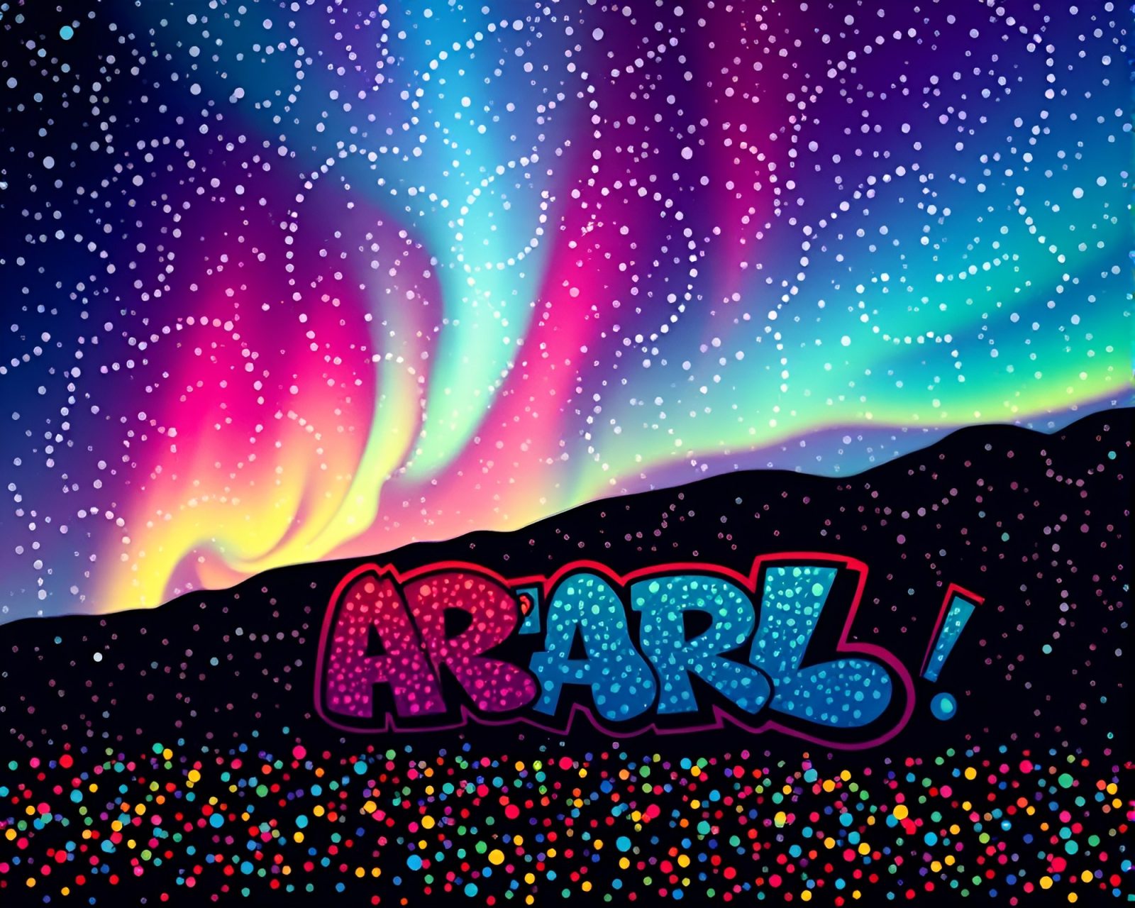 Vibrant pointillist dots form Aurora Borealis with graffiti hues