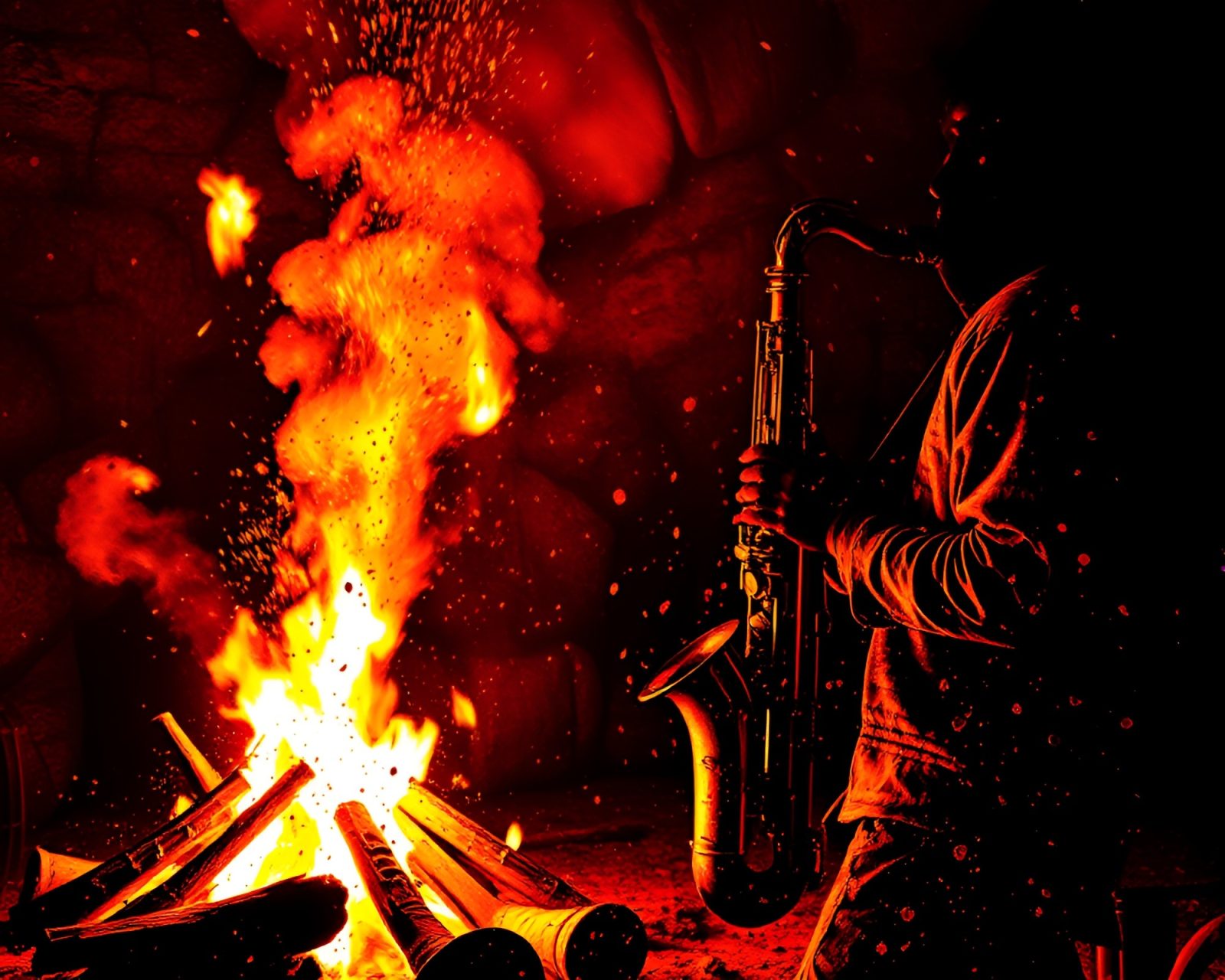 Dutch angle image of saxophonist in bonfire-lit splatter art scene