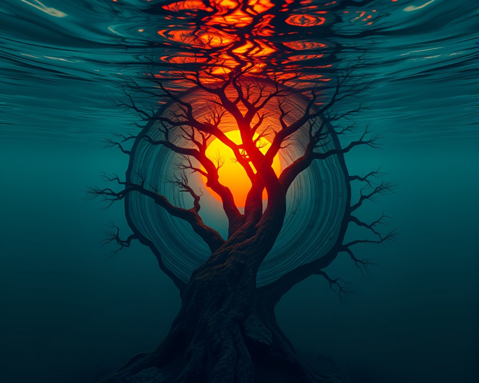 Underwater submarine in vibrant sunset-orange hues surrounded by moving tree ring patterns
