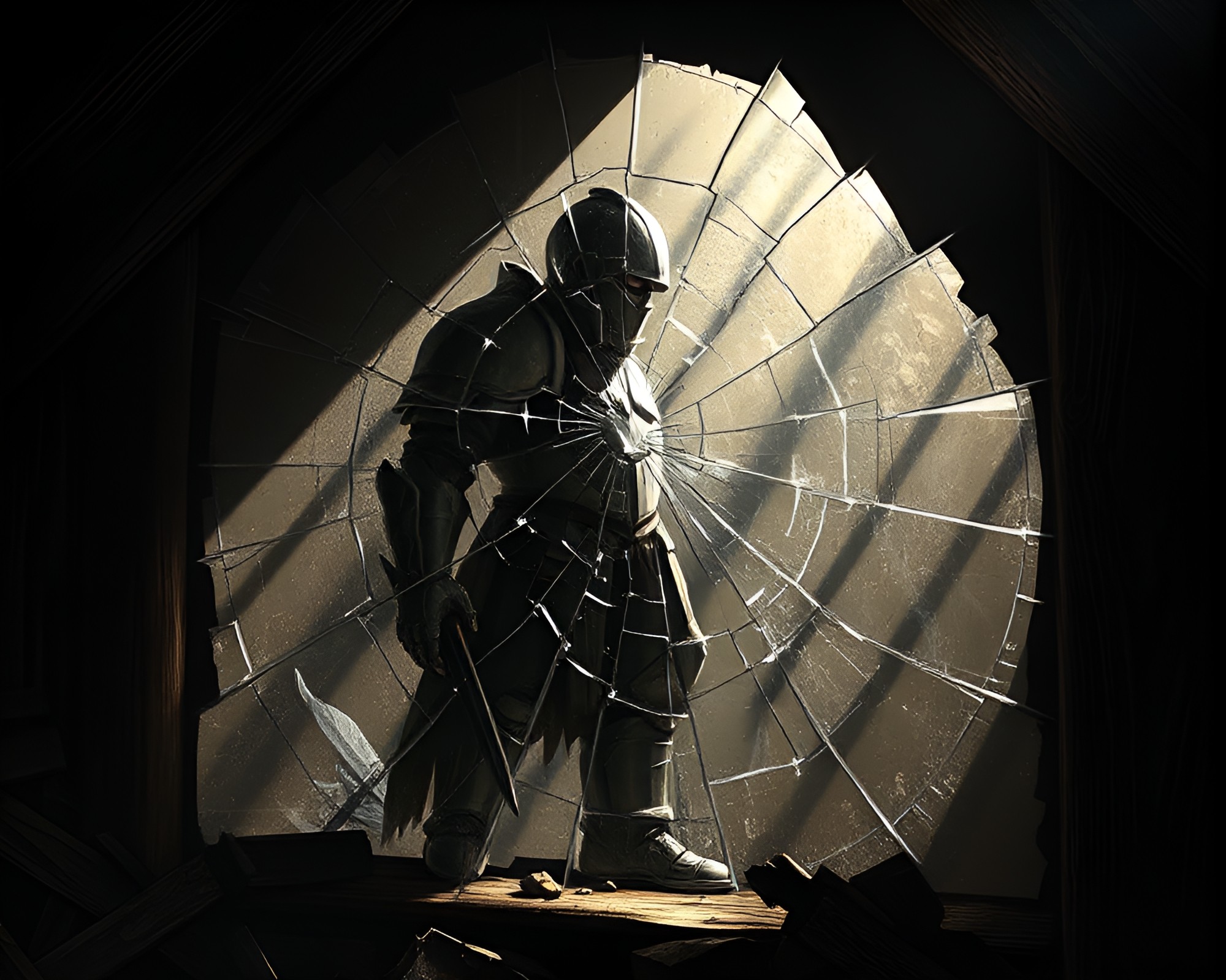 Shattered Reflection: Armor in Attic Shadows – free AI stock image