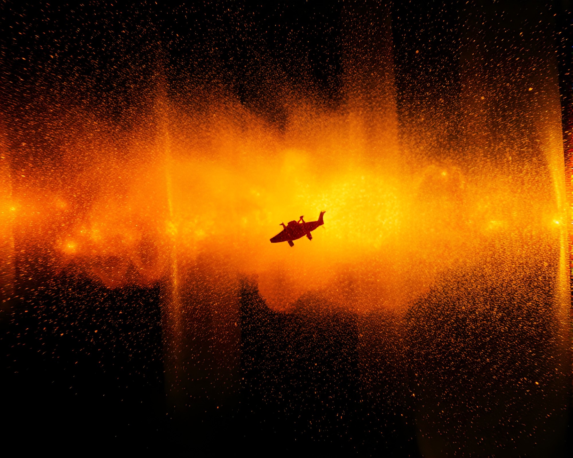 Rust-Stained Jetpack Soaring Amid Kinetic Dust Motes – free AI stock image