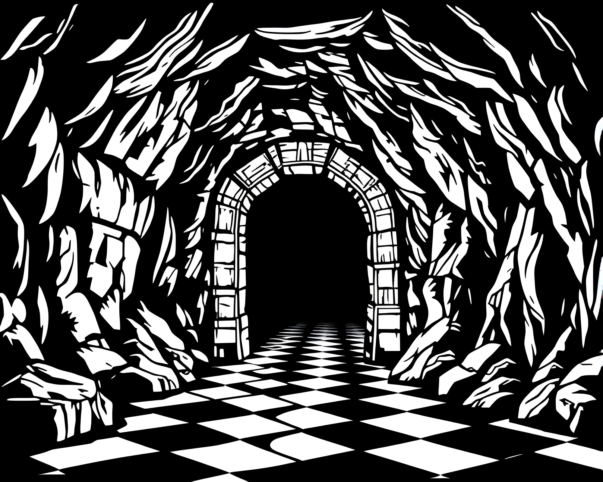 Mystical Statue at Checkered Cave Entrance – free AI stock image