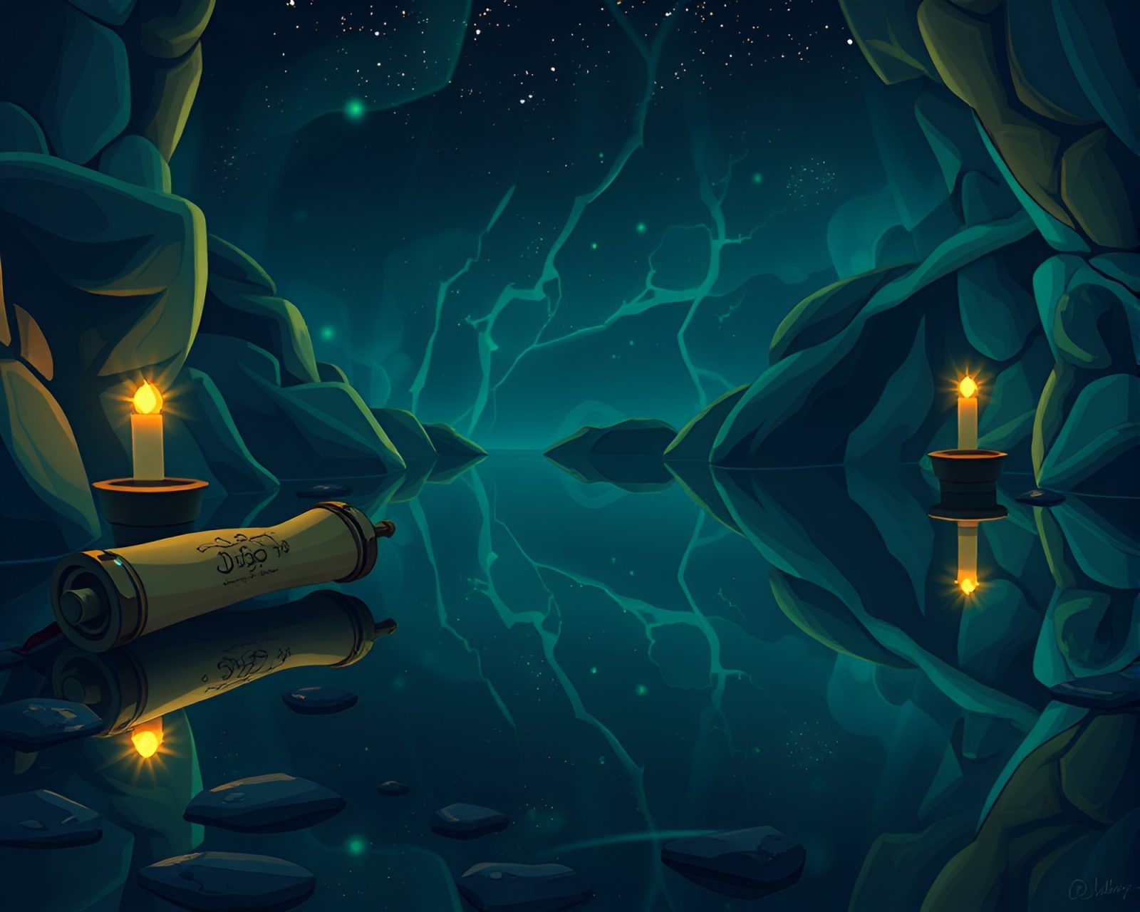 Glowing cartoon scroll reflecting in water with double image