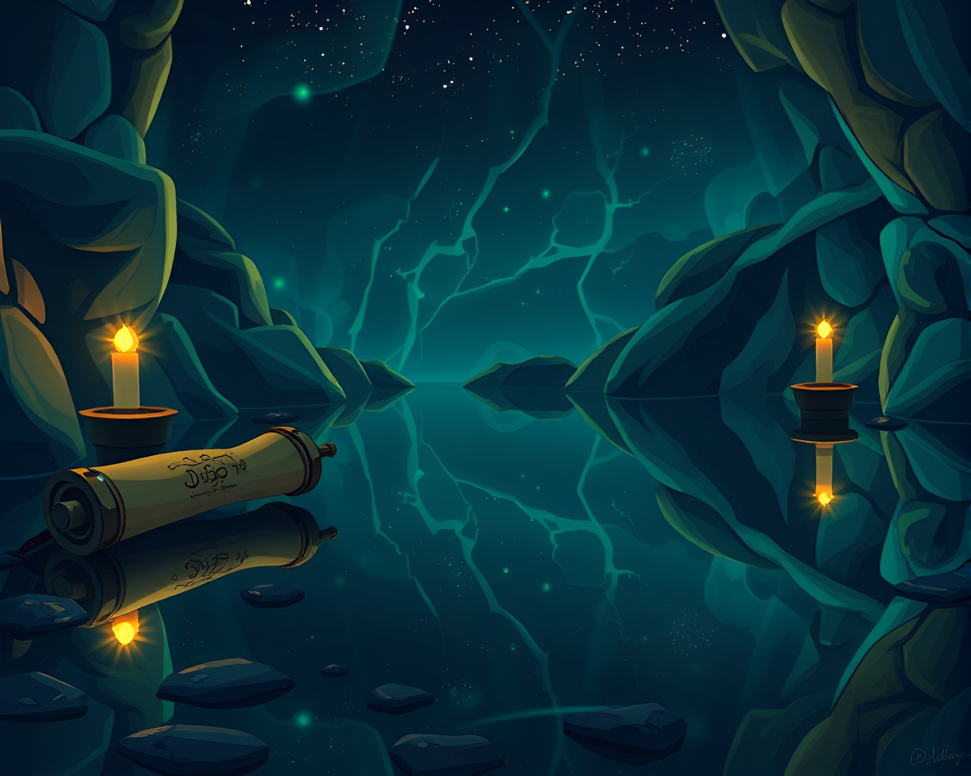 Ancient Scroll Double Reflection Bioluminescent Cartoon Style – free AI stock image