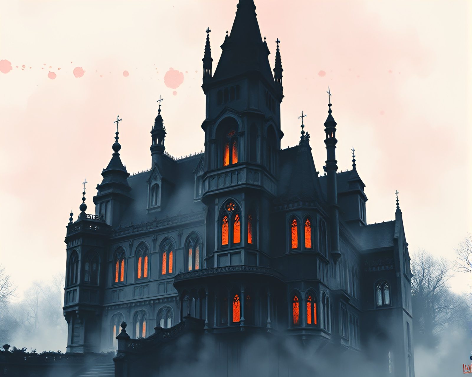 Intricate ink wash drips on a gothic mansion at dawn
