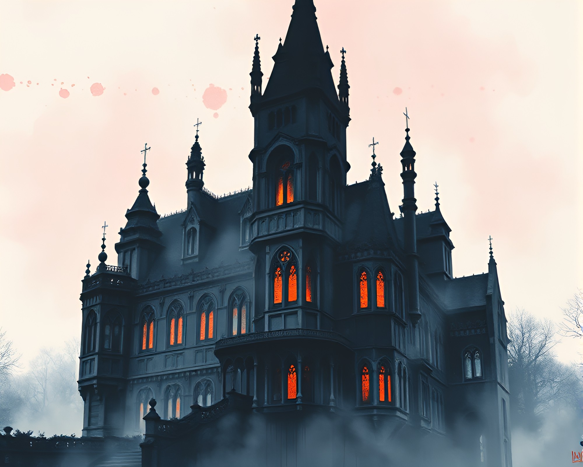 Neo-Gothic Mansion Shrouded in Dawn Mist – free AI stock image