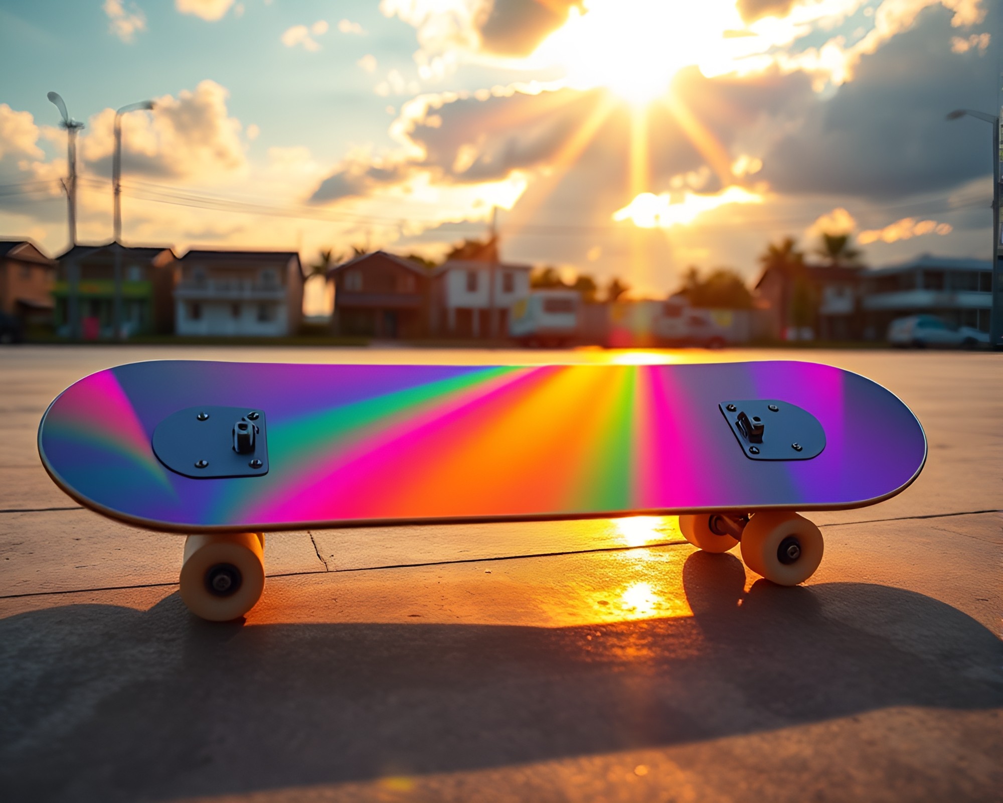 Skateboarding amidst rainbow refractions in golden savannah – free AI stock image
