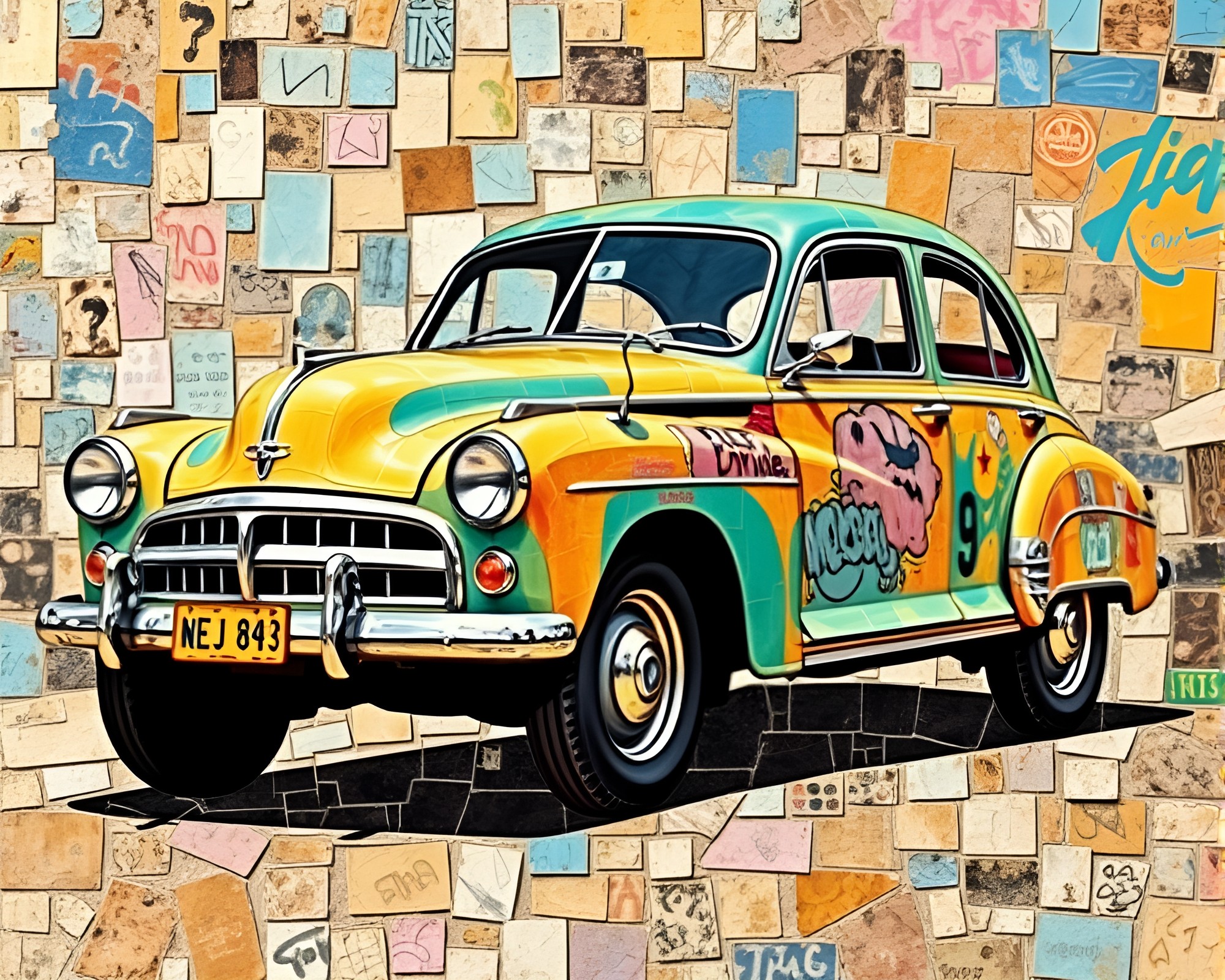 Vintage Car Fragmented Mosaic in Pastel Graffiti Art – free AI stock image