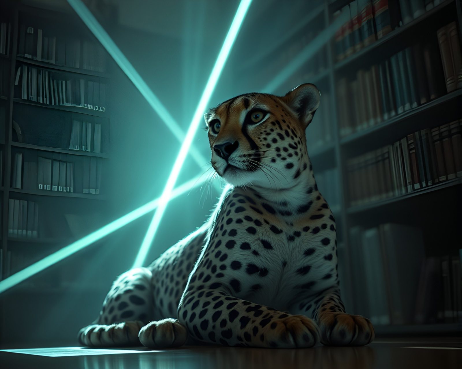 Selective color image of cheetah surrounded by laser beams