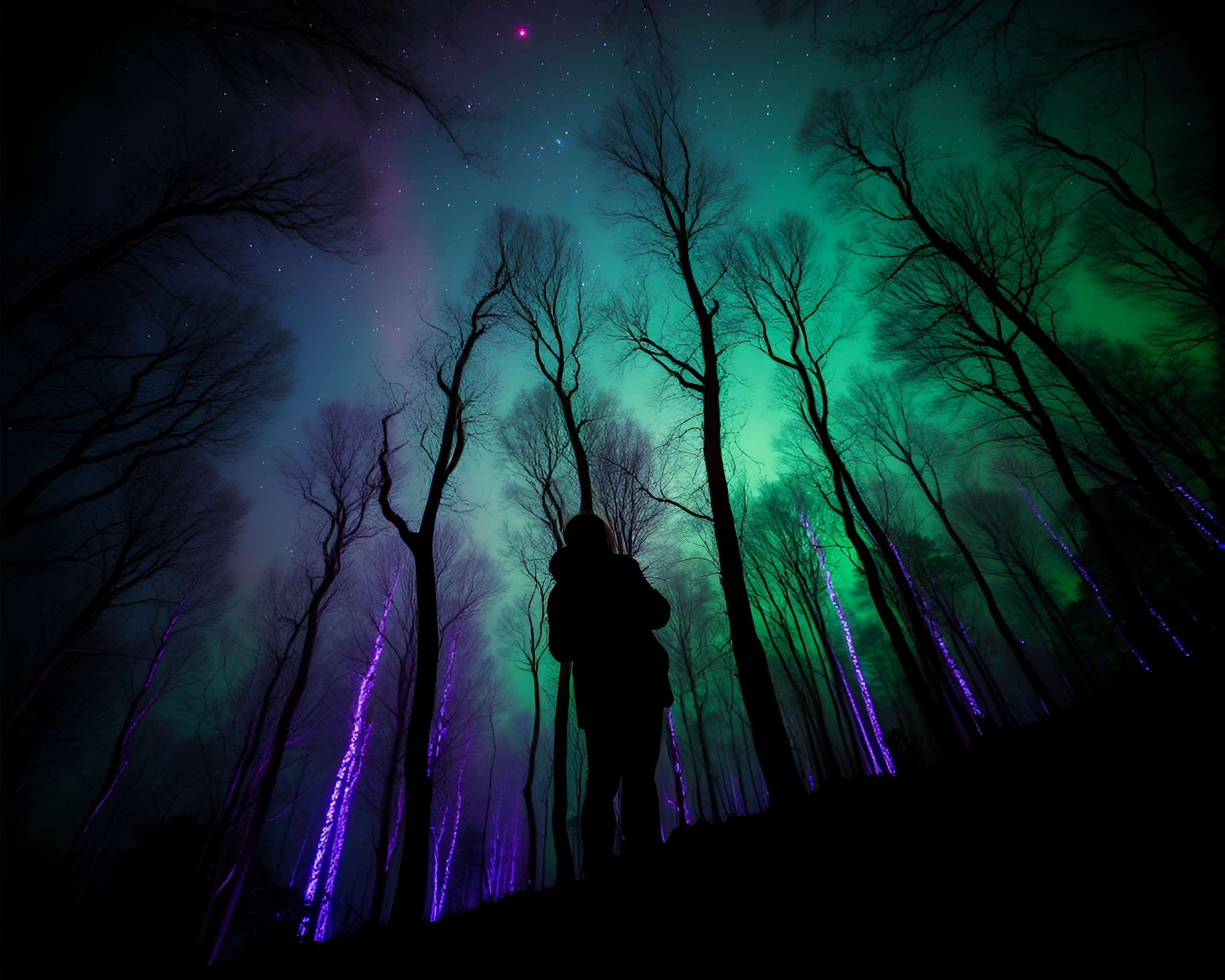 Enchanted Bioluminescent Forest: Cosmic Nebula Candid Moment – free AI stock image