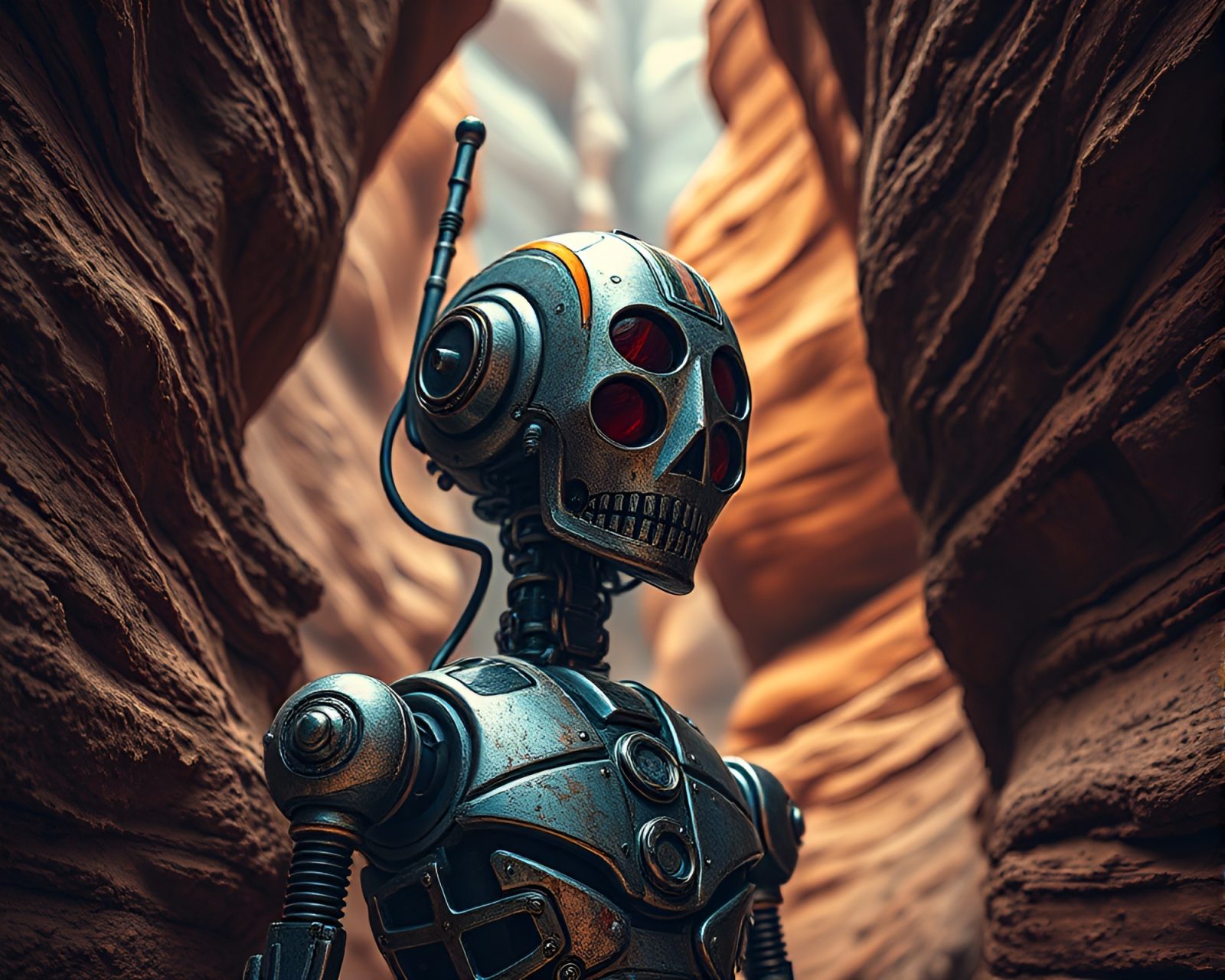 Steampunk robot with striped pattern in rusty canyon landscape