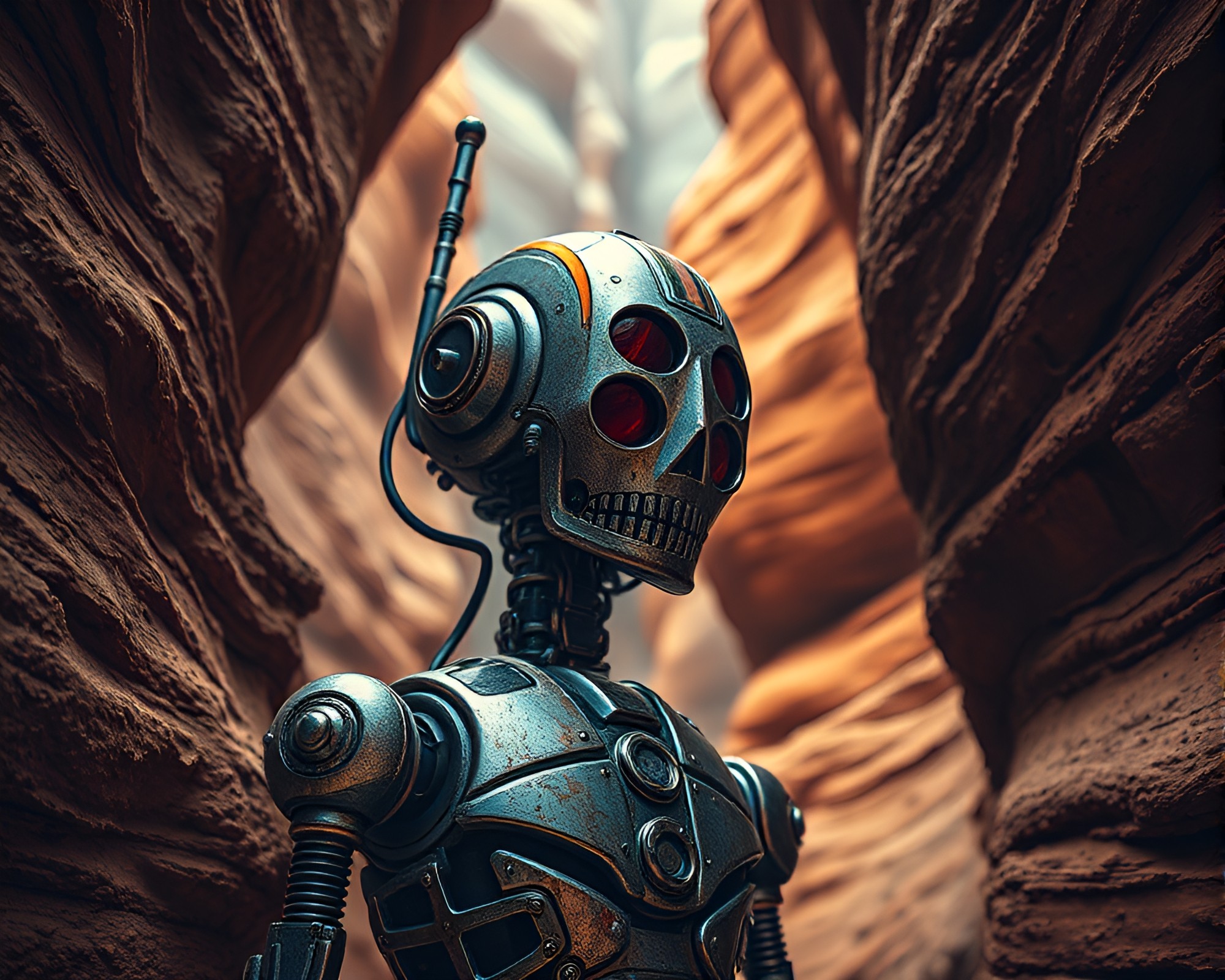 Striped Pattern Steampunk Robot in Rust Canyon – free AI stock image