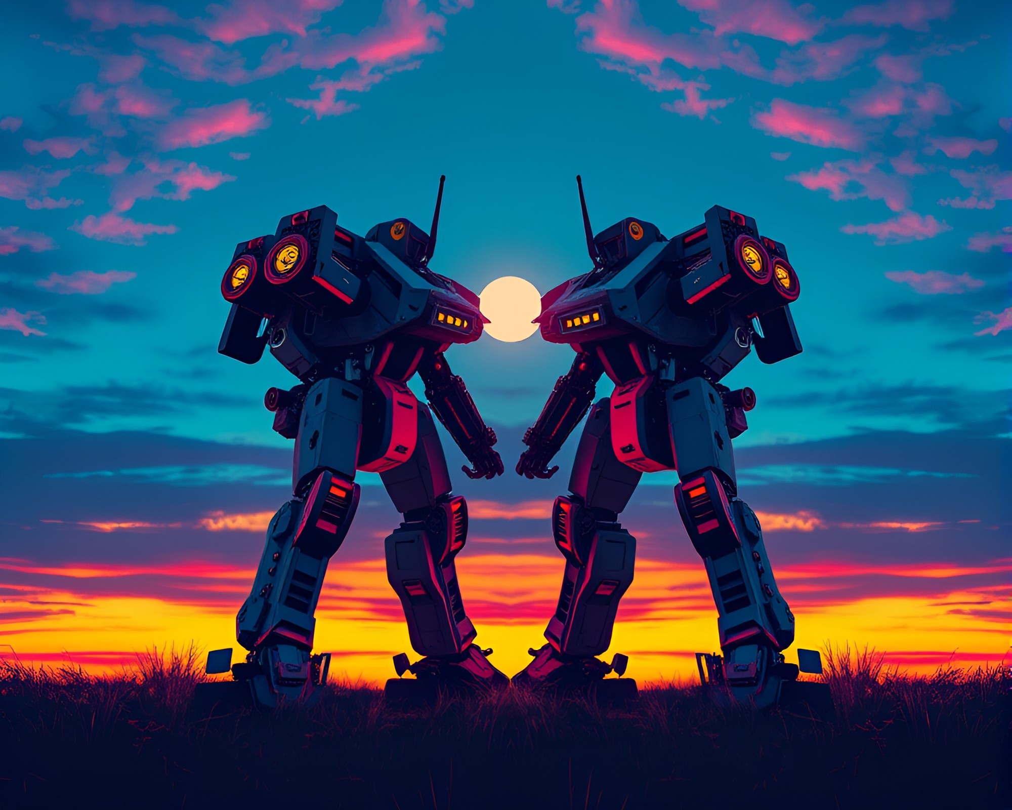 Twilight Battle Mech in Symmetrical Pop Art Style – free AI stock image