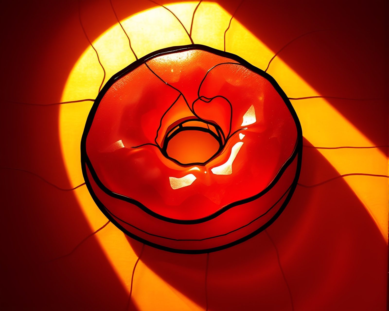Gelbooru image of a whimsical jelly-filled doughnut in a shadowy attic with stained glass effect
