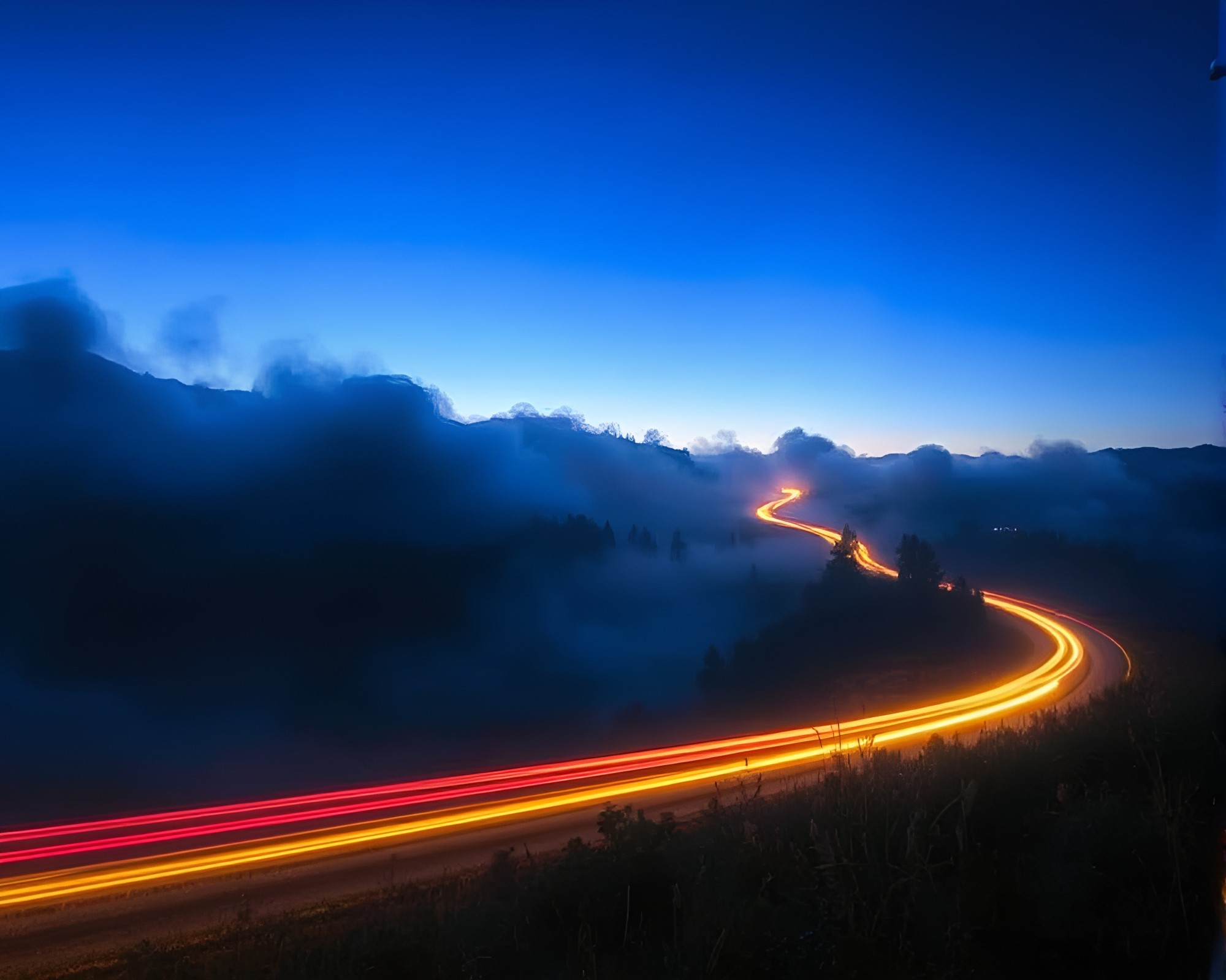 Enigmatic Car Light Trails Through Ancient Misty Scroll – free AI stock image