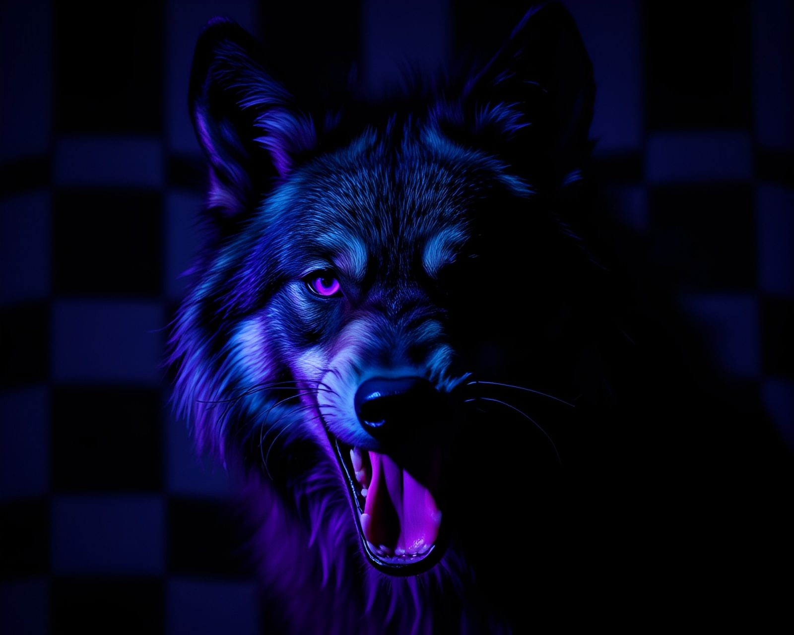 A mysterious werewolf surrounded by vibrant checkered patterns in darkness