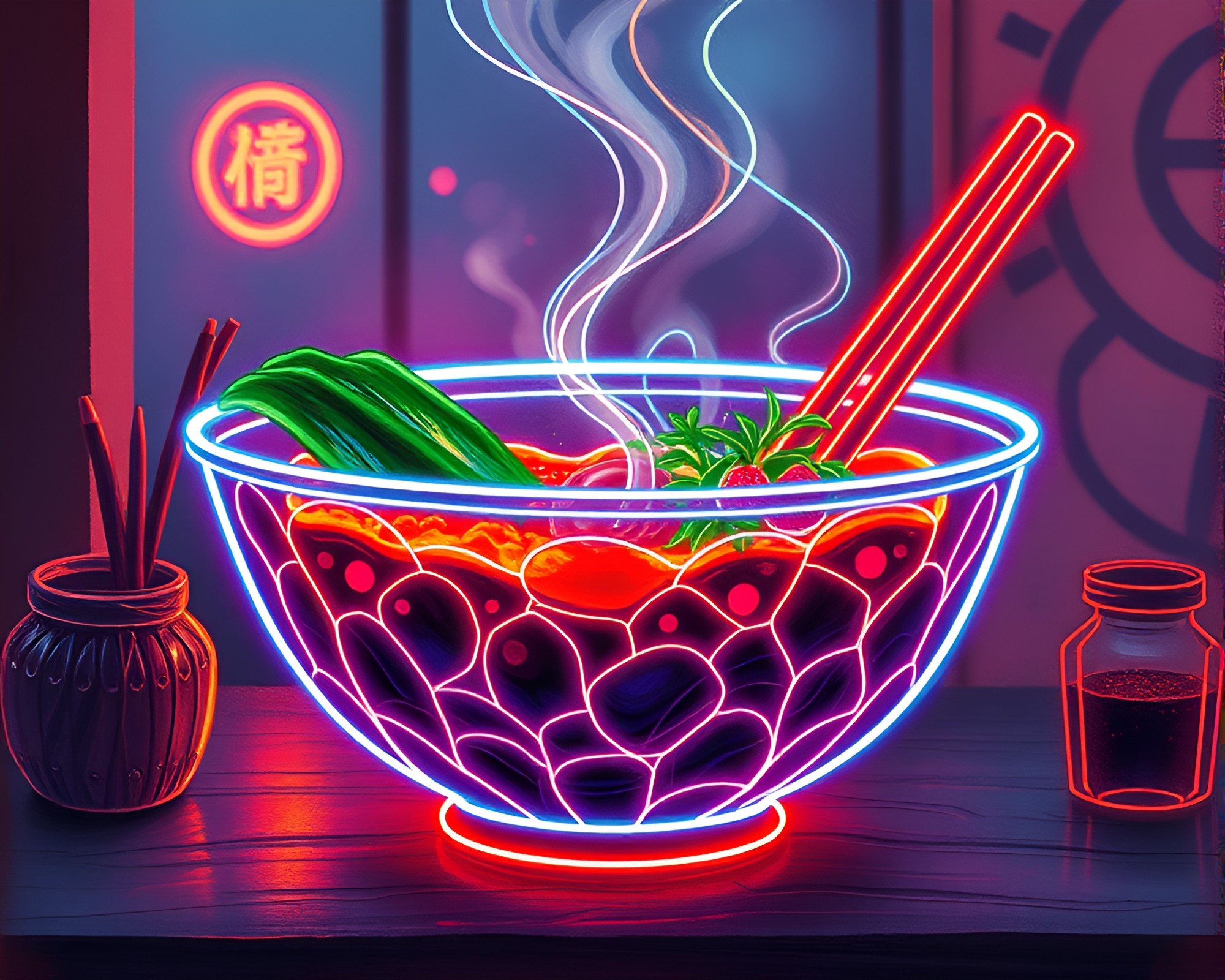 Neon Wireframe Ramen Bowl in Afternoon Glow – free AI stock image