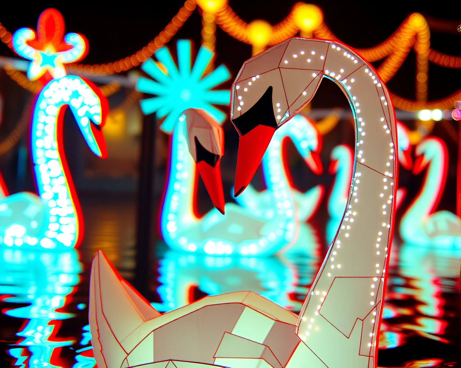 Colorful anaglyph 3D scene of origami swan at a carnival