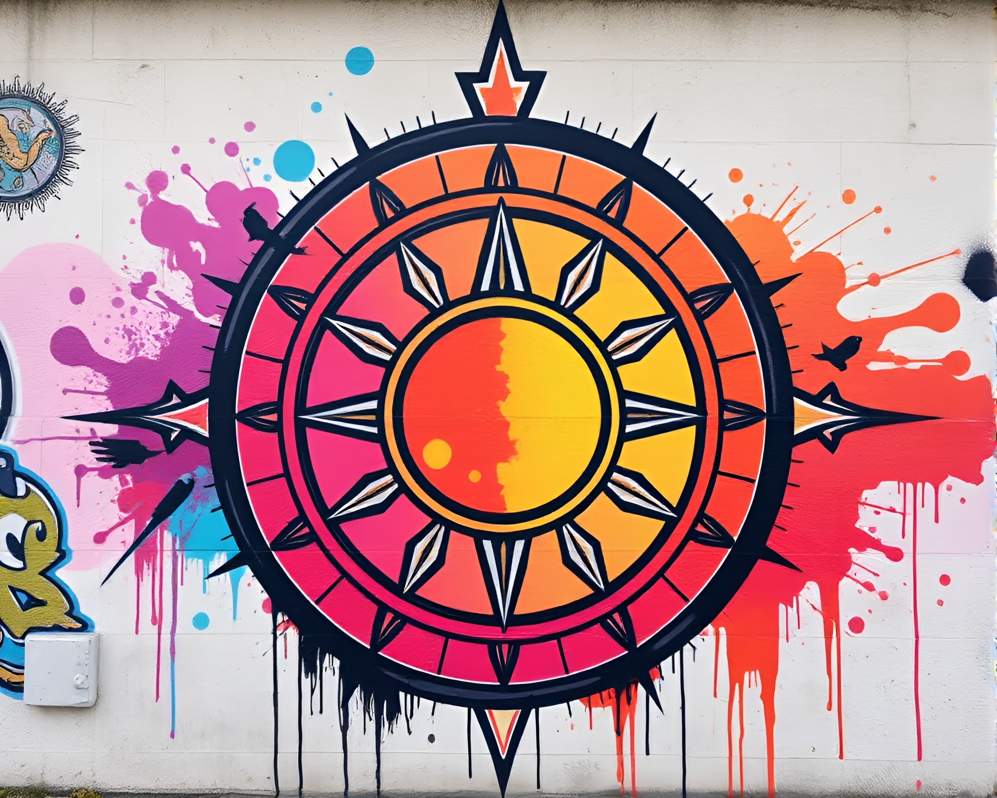 Urban Pocket Sundial Mural in Low Saturation Hatching Style – free AI stock image