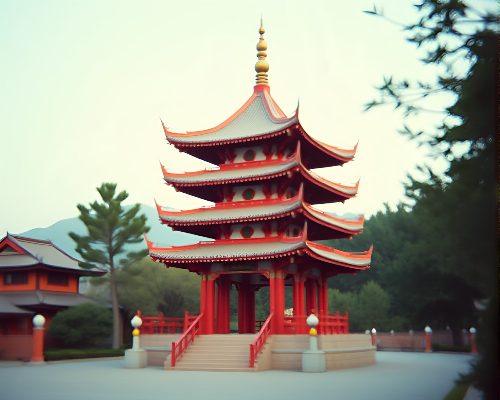 Soft-focus image of a Pagoda in dreamy pastel colors