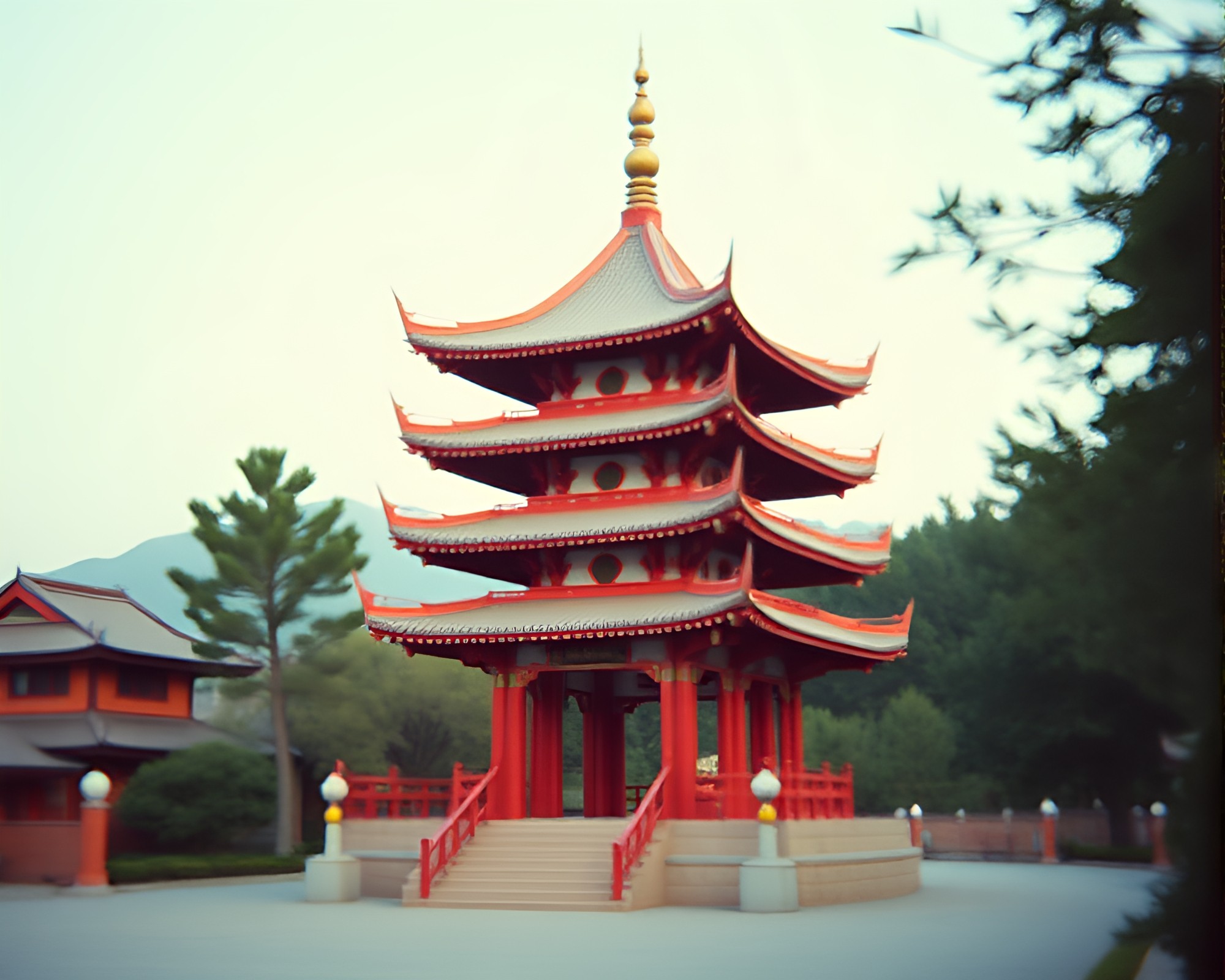 Planetary Pastel Pagoda in Retro Film Grain – free AI stock image